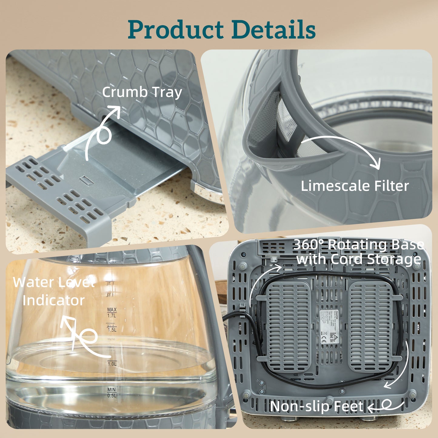 Kettle and Toaster Set with Strix Thermostat, Crumb Tray, Grey