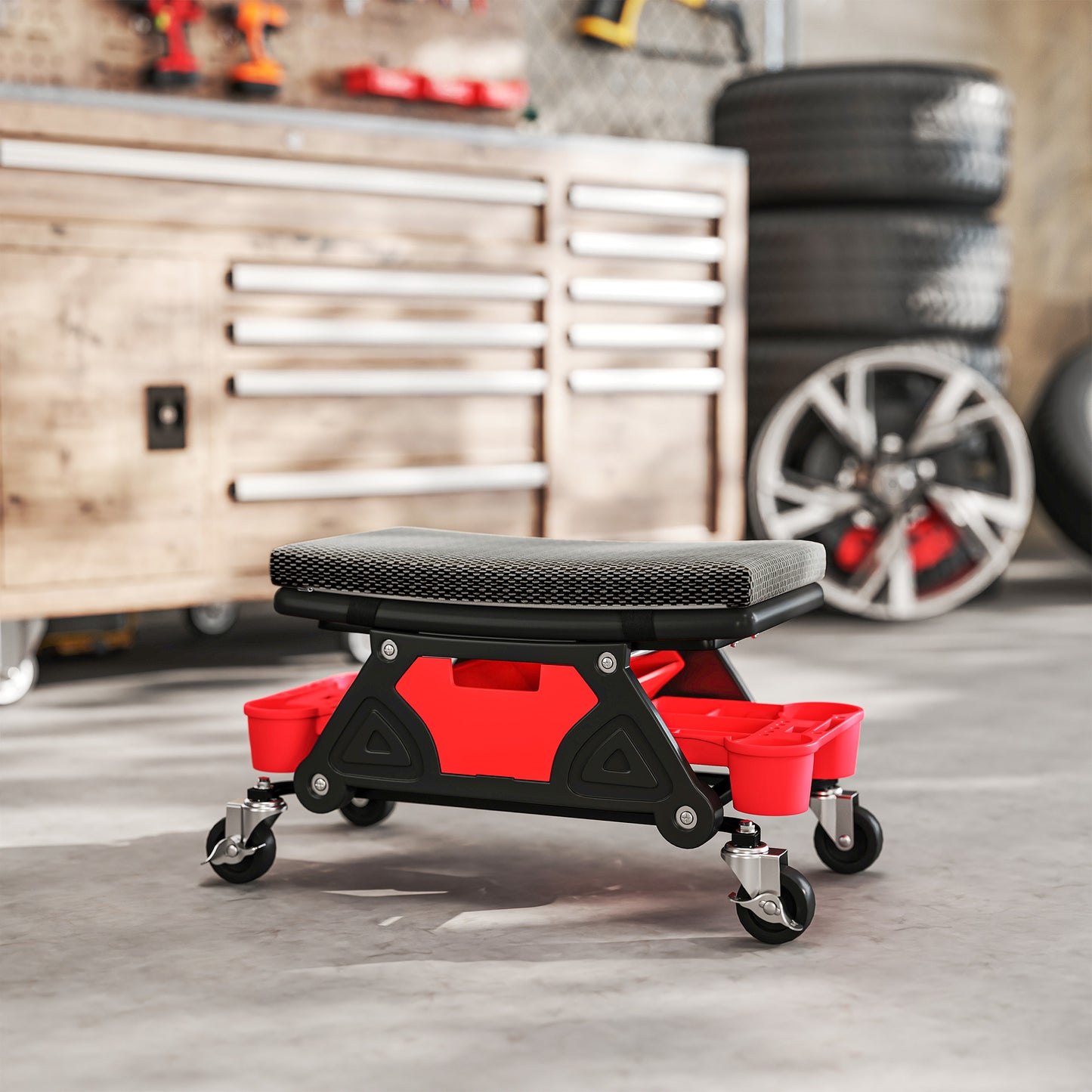 Rolling Mechanic Stool, 135kg Capacity Workshop Stool, Black