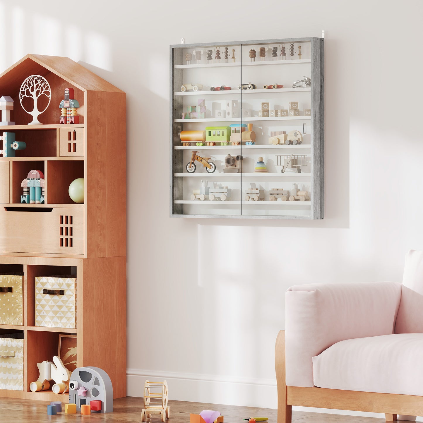 7-Tier Wall Display Cabinet w/ Glass Doors, Graphite Wood Effect