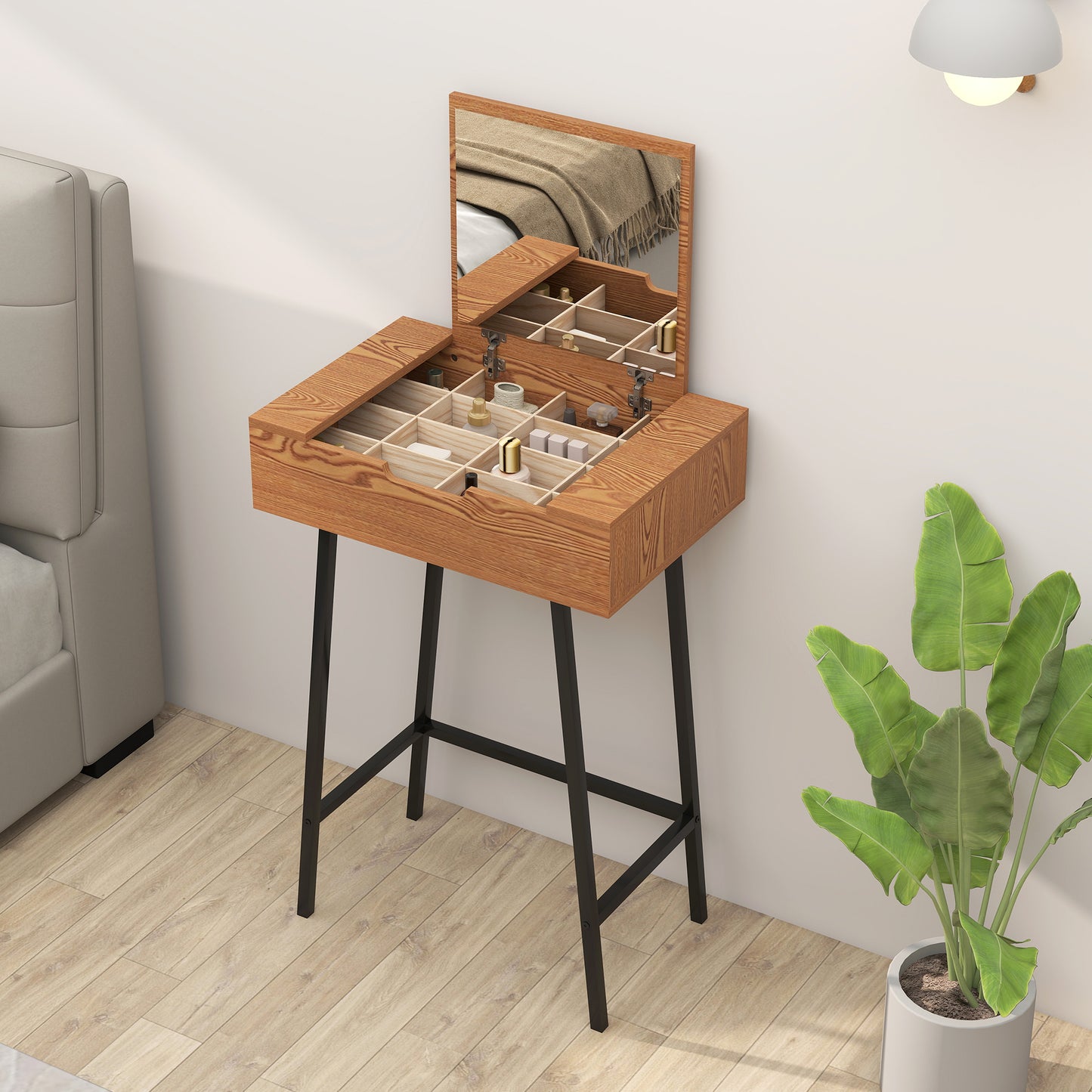 Industrial Vanity Desk with Mirror and Steel Legs Natural Wood Effect