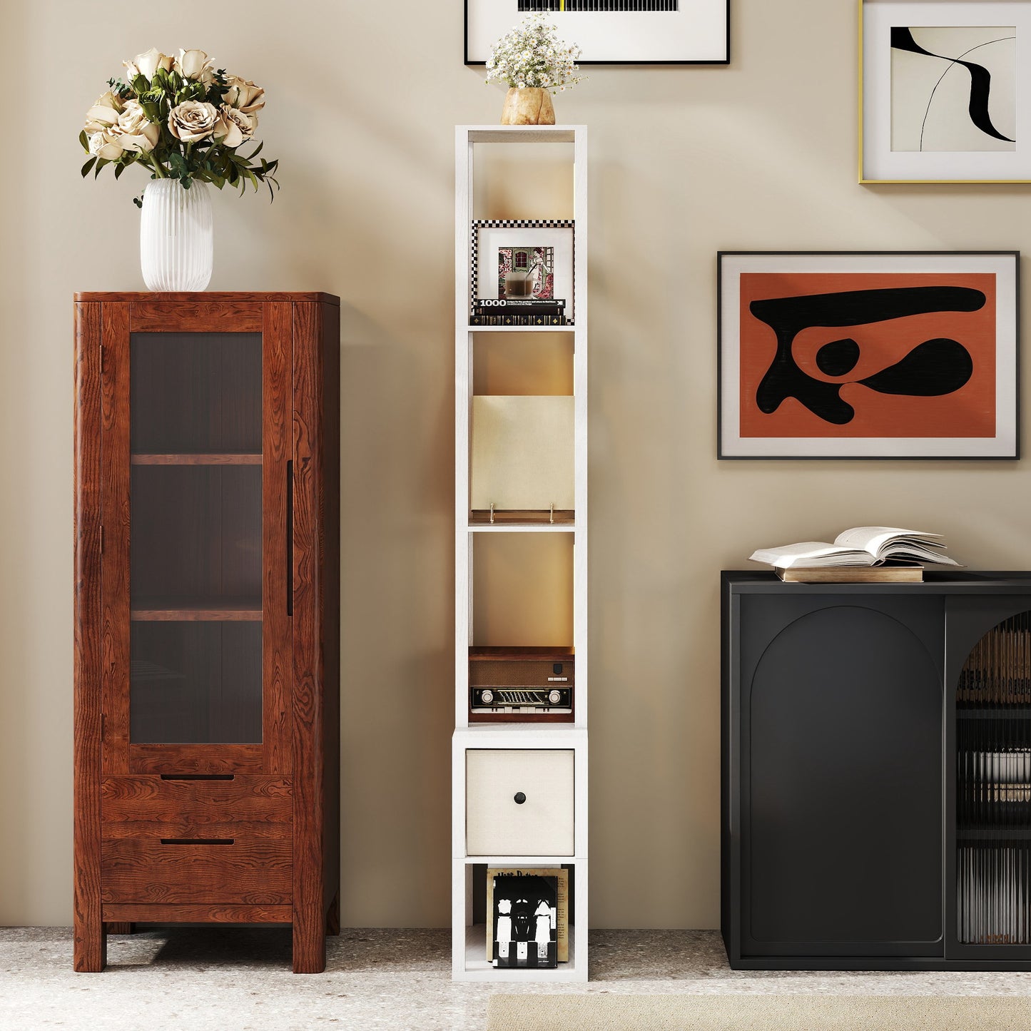 Floor Lamp with Shelves, LED Standing Lamp with Fabric Drawer, White