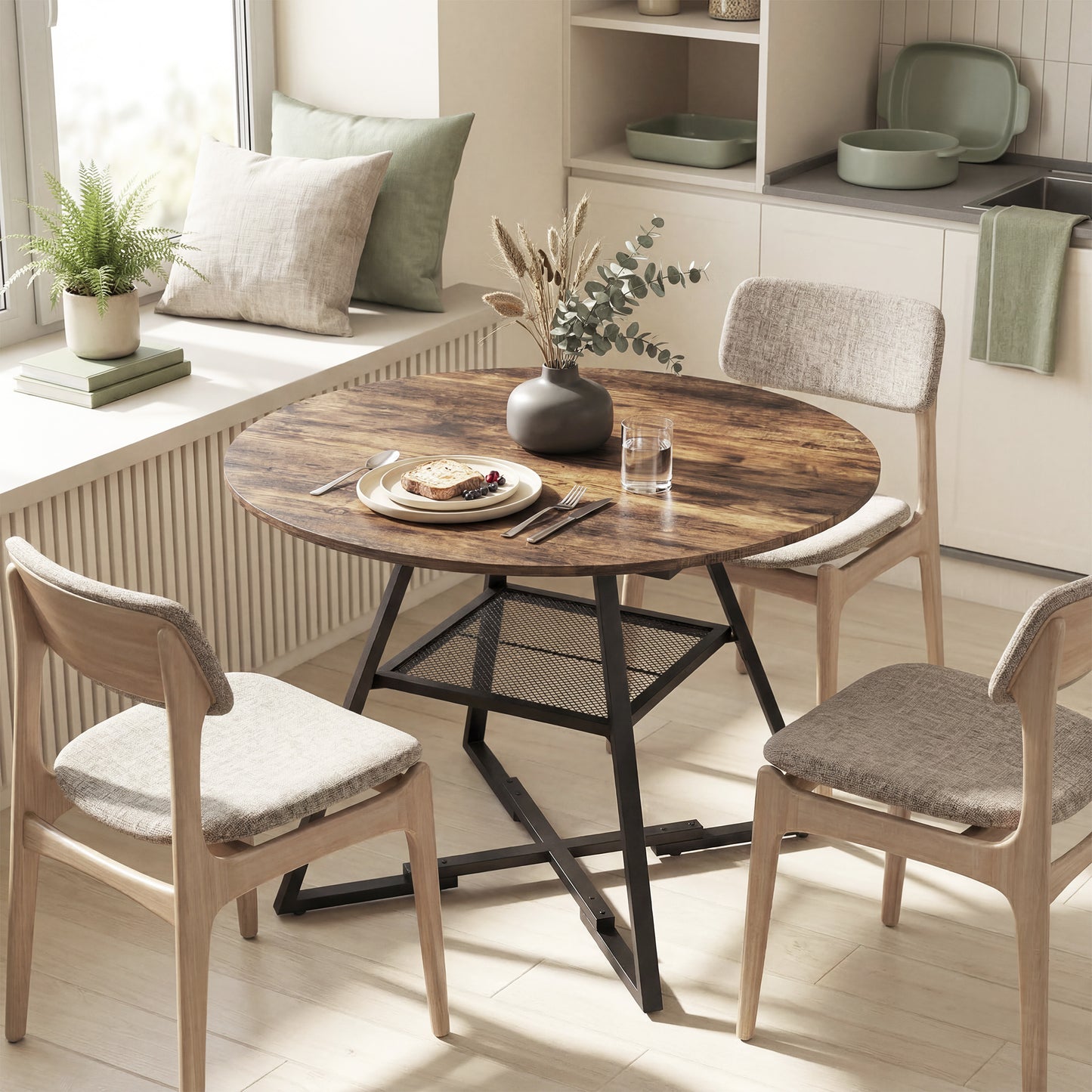 Round Dining Table for 4, 100 cm Kitchen Table w/ Shelf, Rustic Brown
