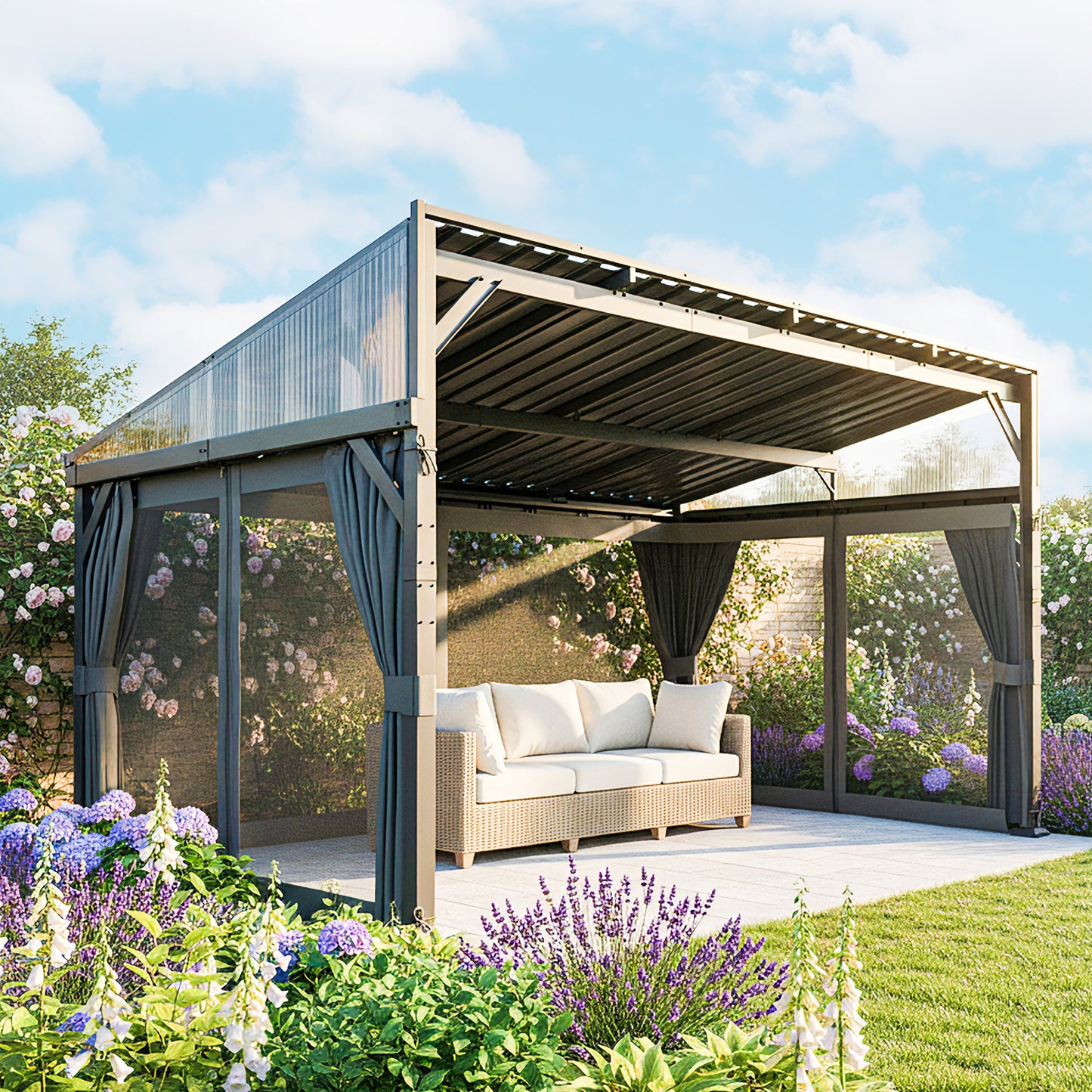 4.3 x 3 m Garden Pergola with Netting Curtains, Lean to Pergola