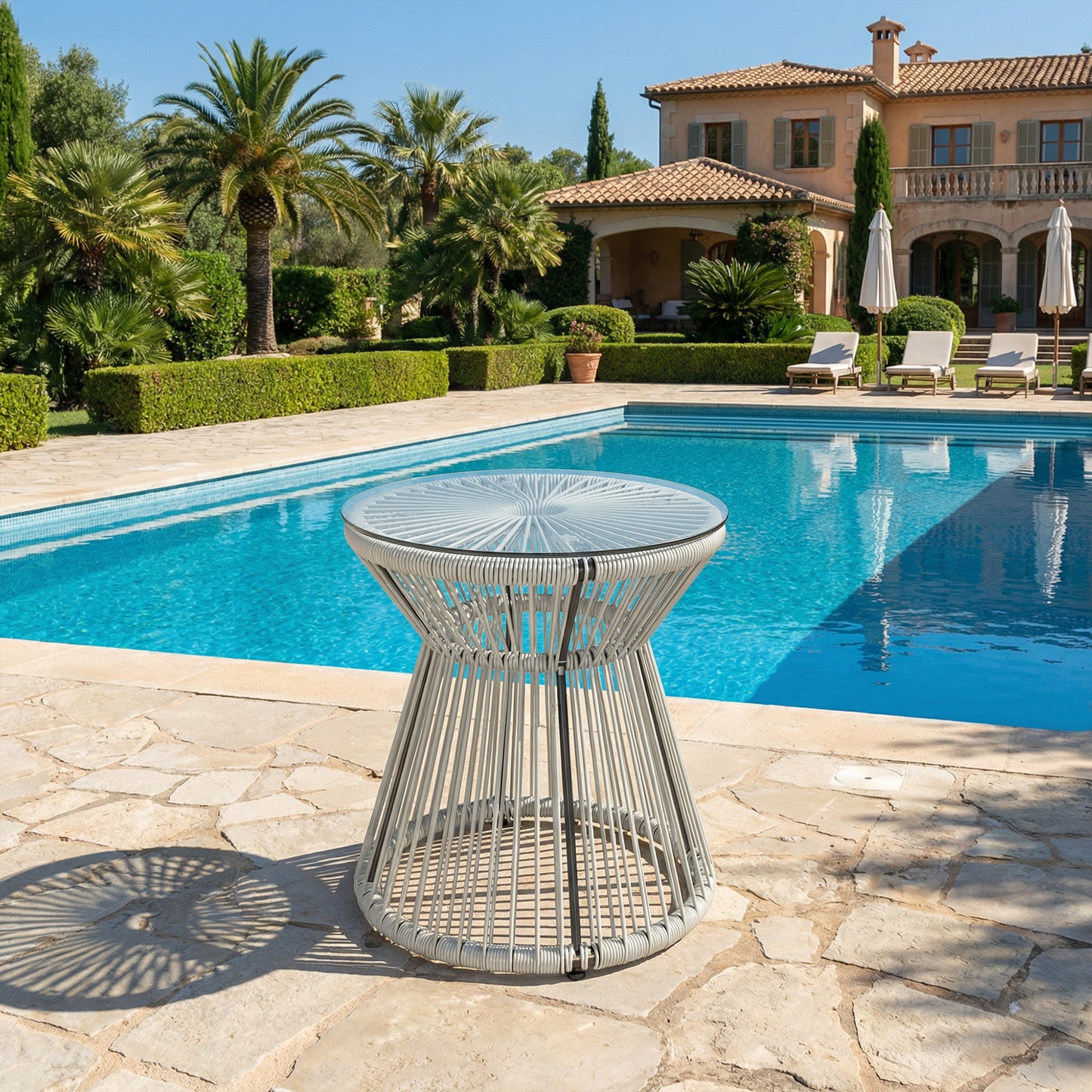 Rattan End Table, Round Hollow Drum Design Side Table, Light Grey