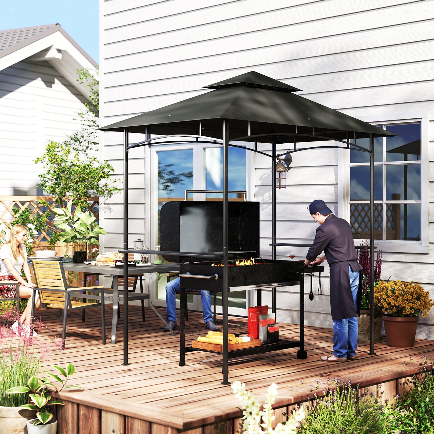 8' x 5' Grill Gazebo, Double Tiered Outdoor BBQ Shelter, Dark Grey