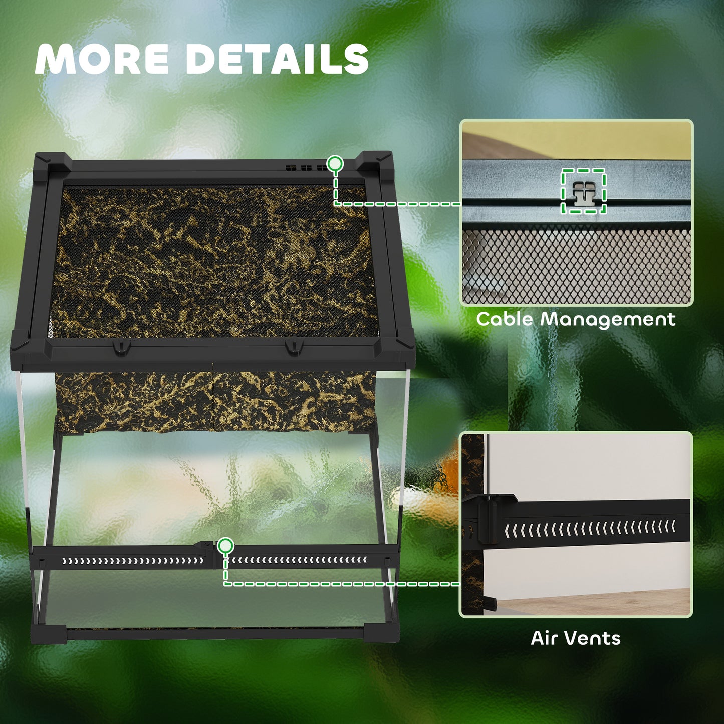 24L Glass Terrarium, Reptile Vivarium with Stone Background, Black