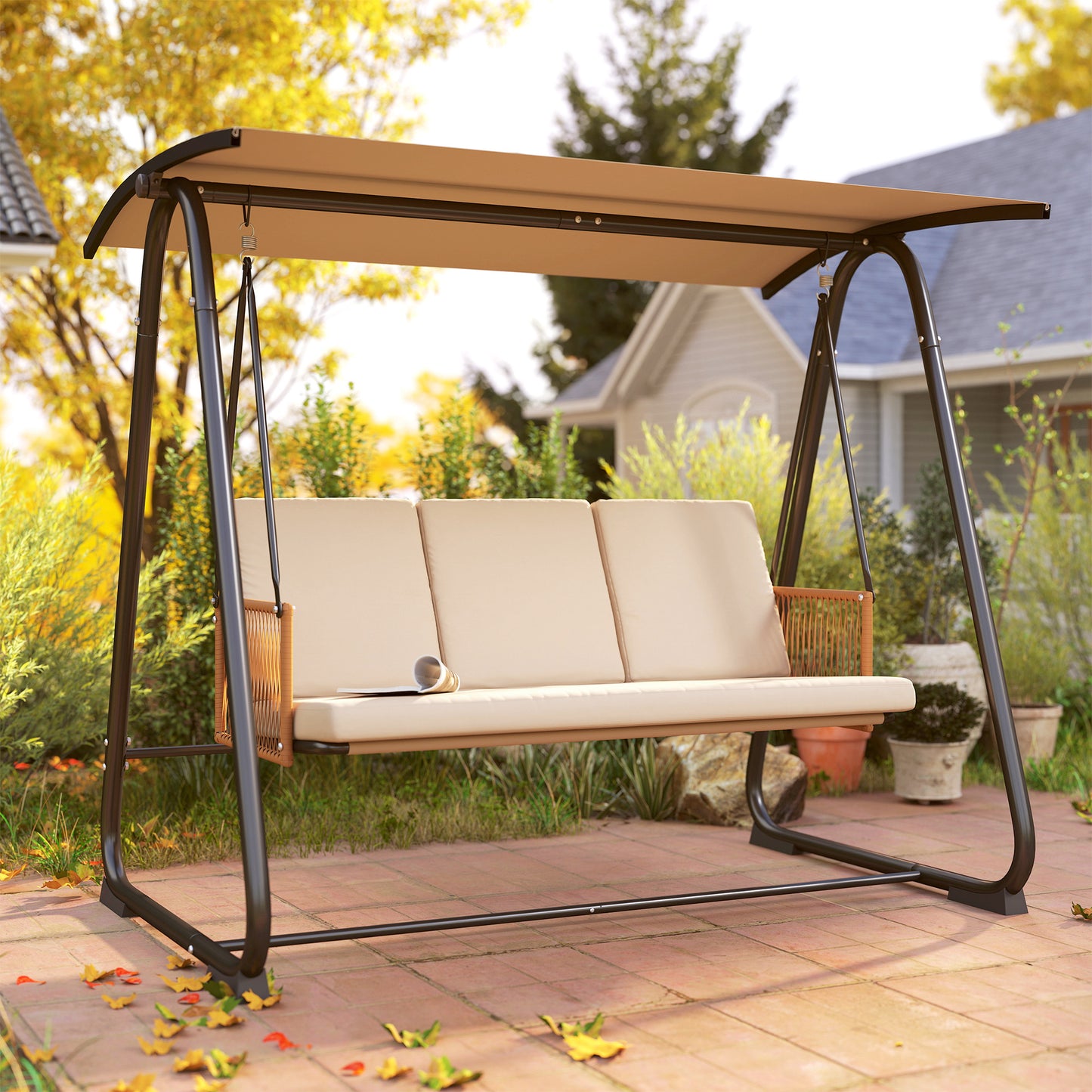 3 Seater Garden Swing Chair with Adjustable Canopy, Sand Brown