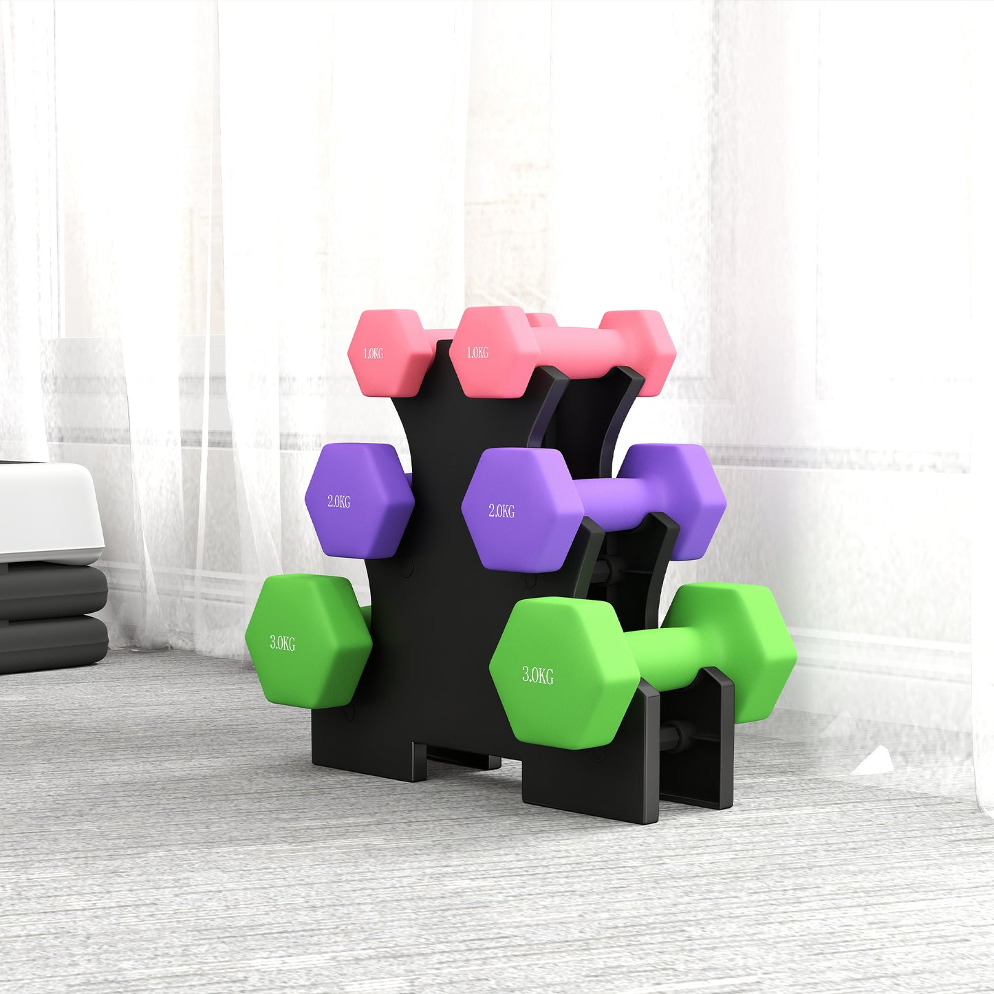 Hex Dumbbells Set with Dumbbell Rack, 2 x 1kg, 2 x 2kg, 2 x 3kg