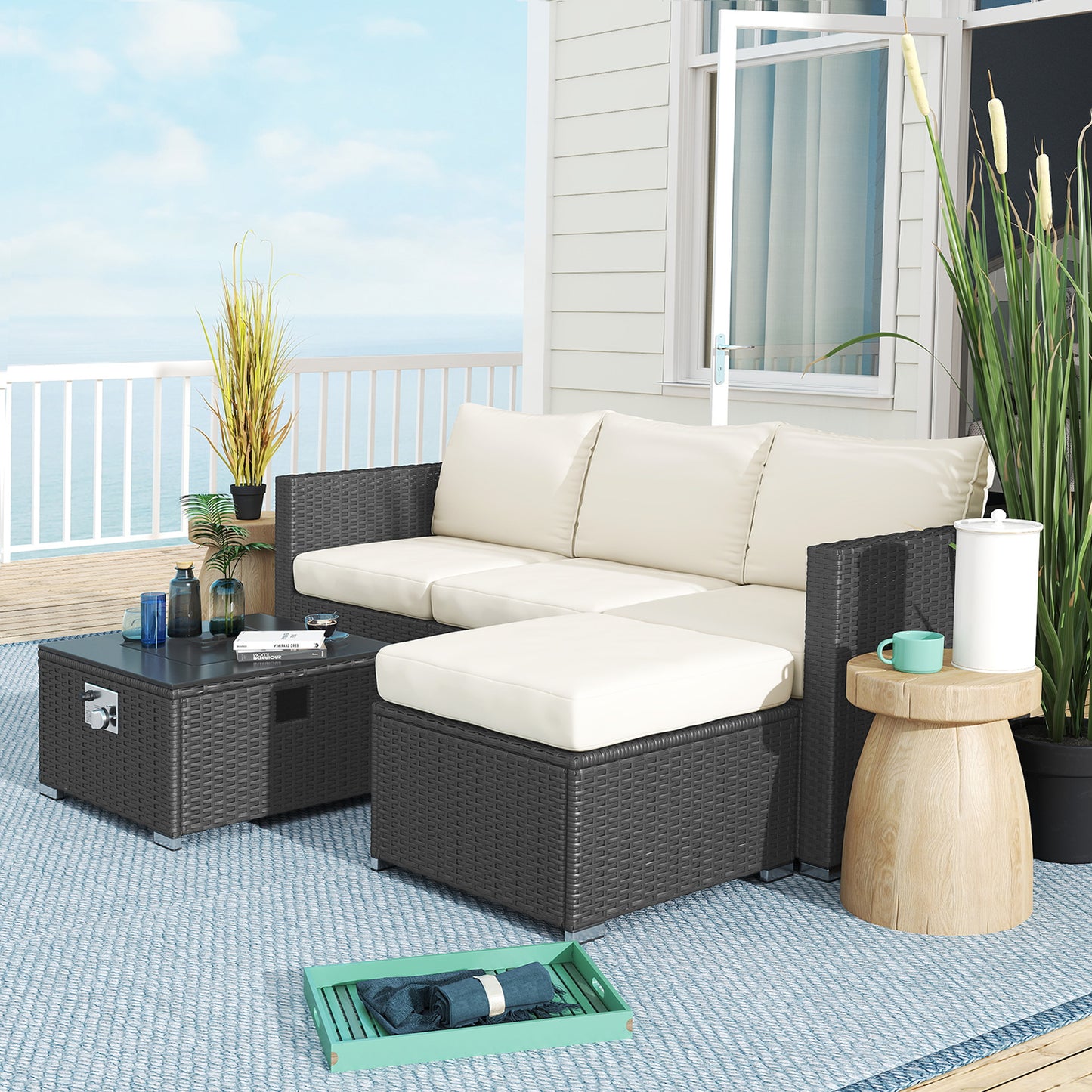 4 Seater Rattan Sofa Set with Footstool Thick Cushions + Fire pit table doubles as a coffee tableBlack Cream