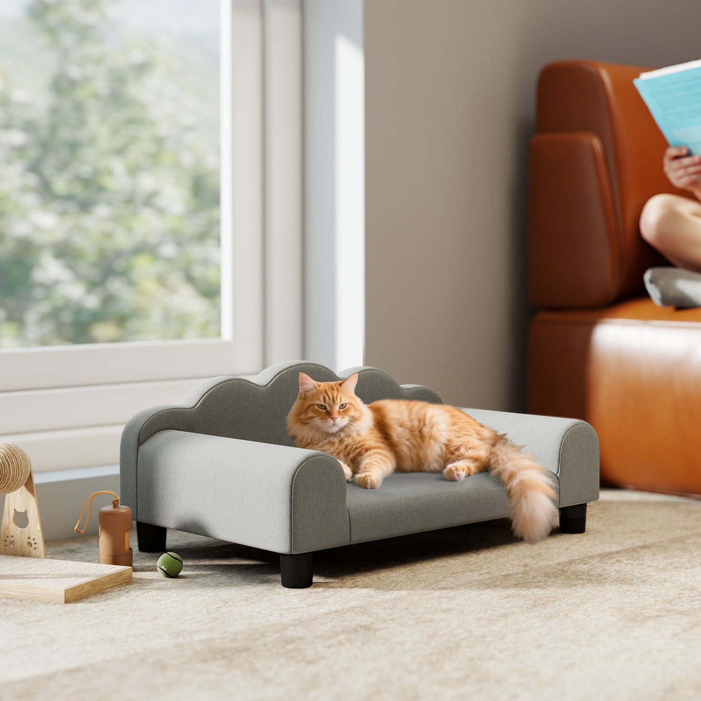 Dog Sofa Bed, Cat Sofa with Backrest, Armrest, for Small Dogs, Grey