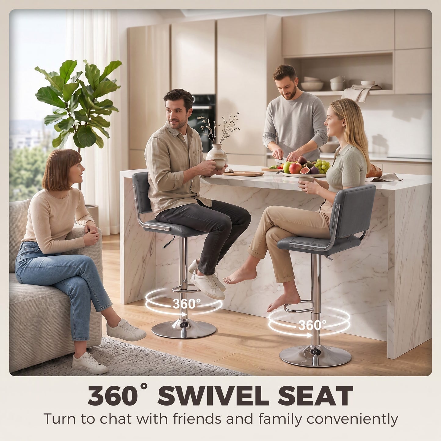Adjustable Bar Stools Set of 2 with Backrest Grey