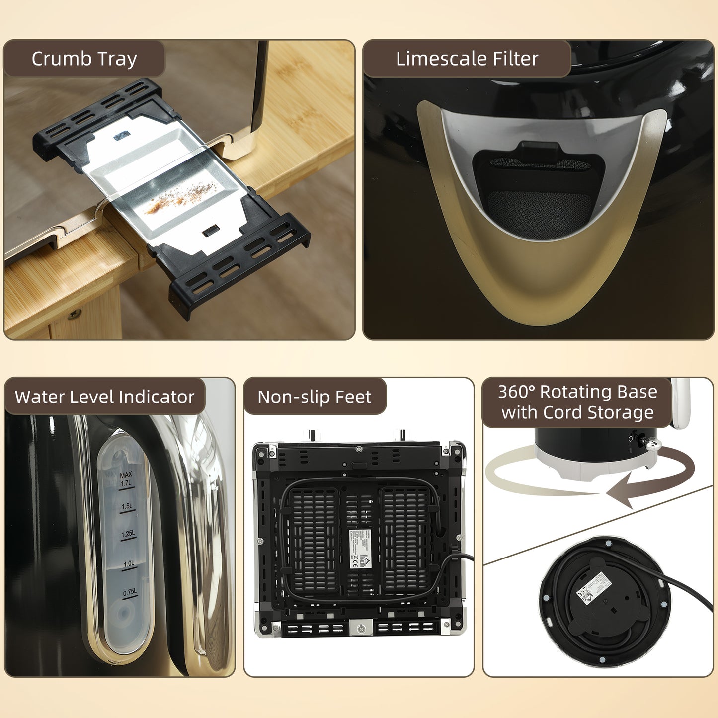 3000W 1.7L Kettle with Retro Thermometer, 4 Slice Toaster Set, Black