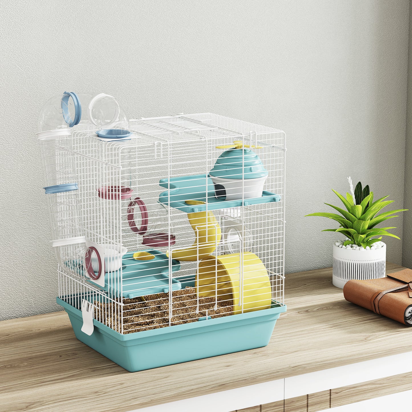 3-Level Hamster Cage, Gerbil Cage with Exercise Wheel, Tunnels, Water Bottle, Food Bowl, House, Ramps, for Dwarf Hamster, 34.5 x 27.5 x 41 cm, Blue