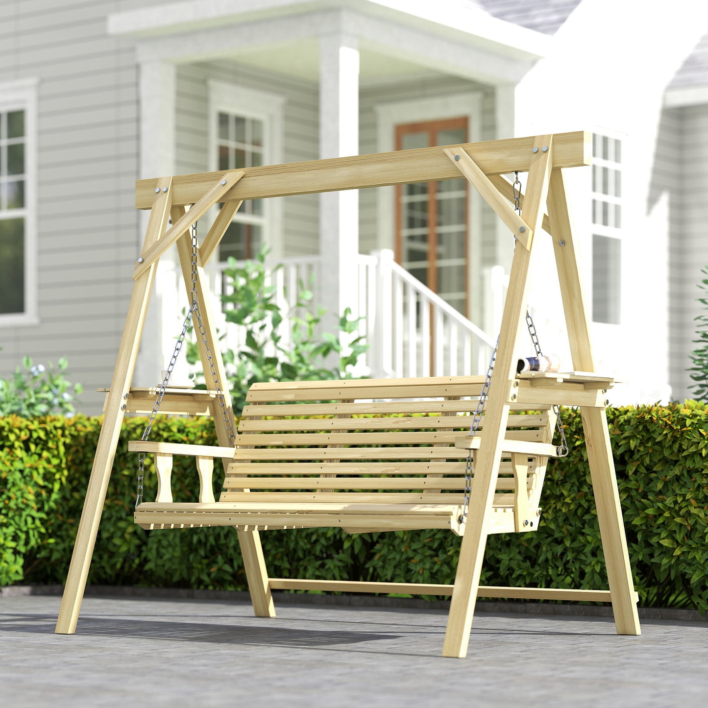3 Seater Wooden Garden Swing Chair with Side Tables
