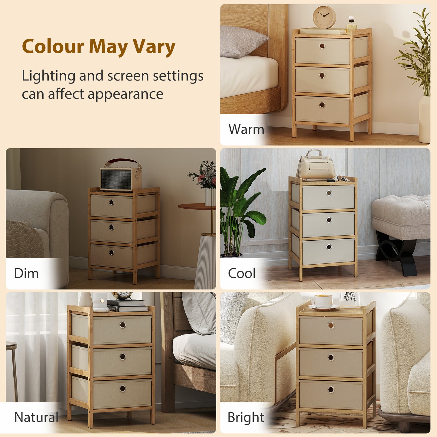 Chest of Drawers, 3 Drawers Dresser with Bamboo Frame, Cream White