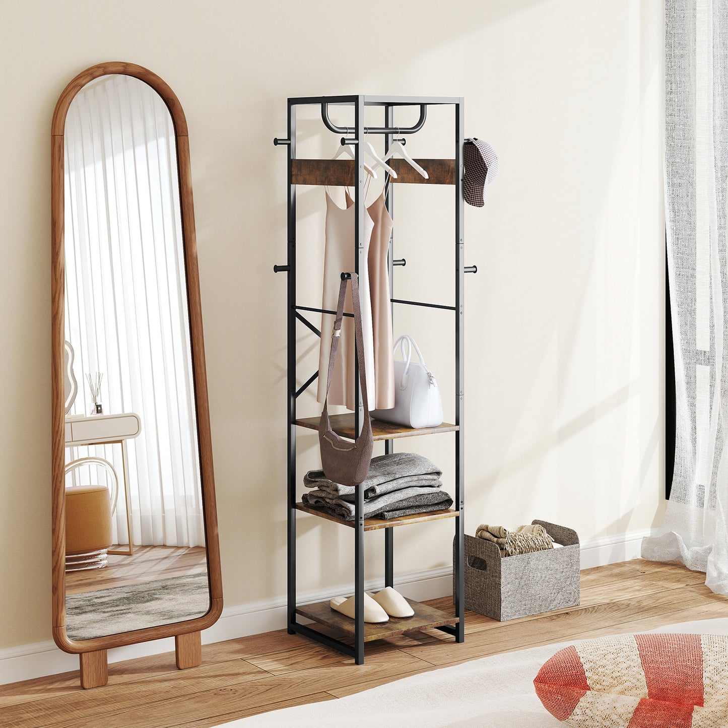 Clothes Rail with Storage Shelf and Hooks, Clothes Rack, Rustic Brown