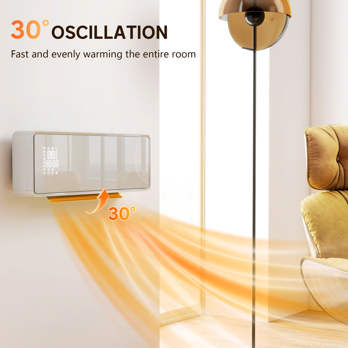2000W Wall-Mounted Ceramic Heater with Oscillation, Thermostat, Timer and Remote - White