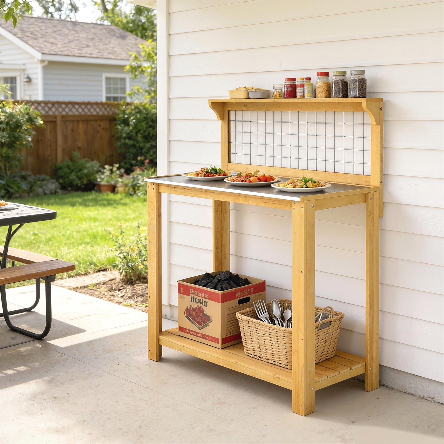 Wooden Potting Bench Table with Aluminium Worktop