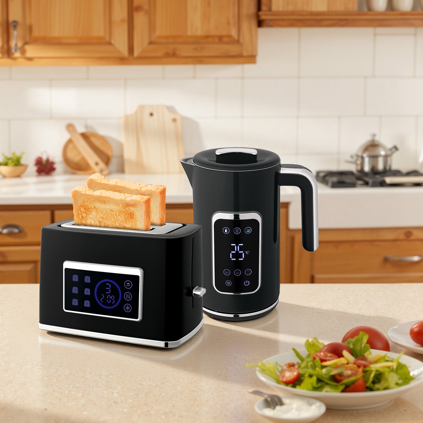 1.7L 3000W Rapid Boil Kettle and 2 Slice Toaster Set Crumb Tray Black