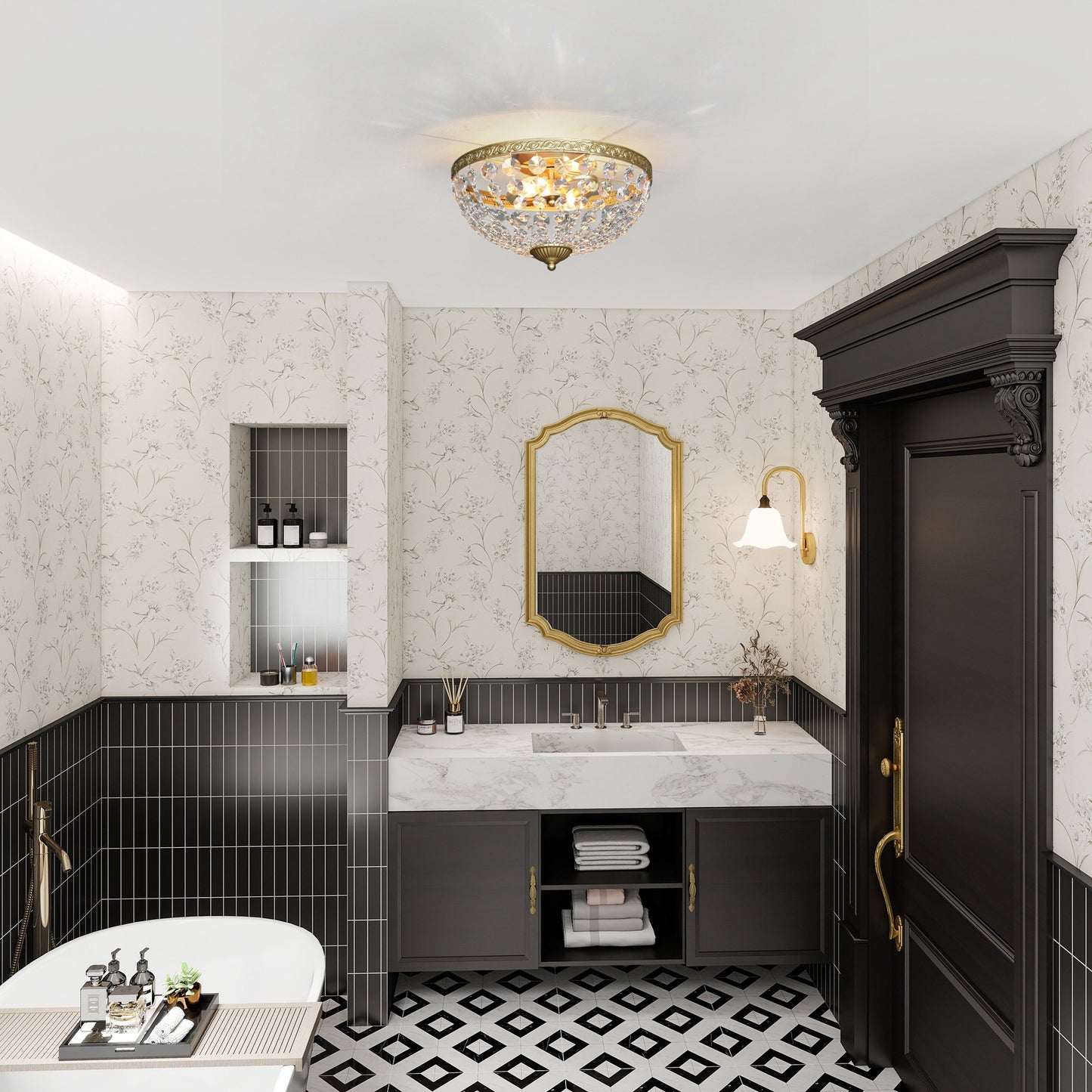 Chandelier Crystal Ceiling Light with E14 Base 2-Lights, Gold