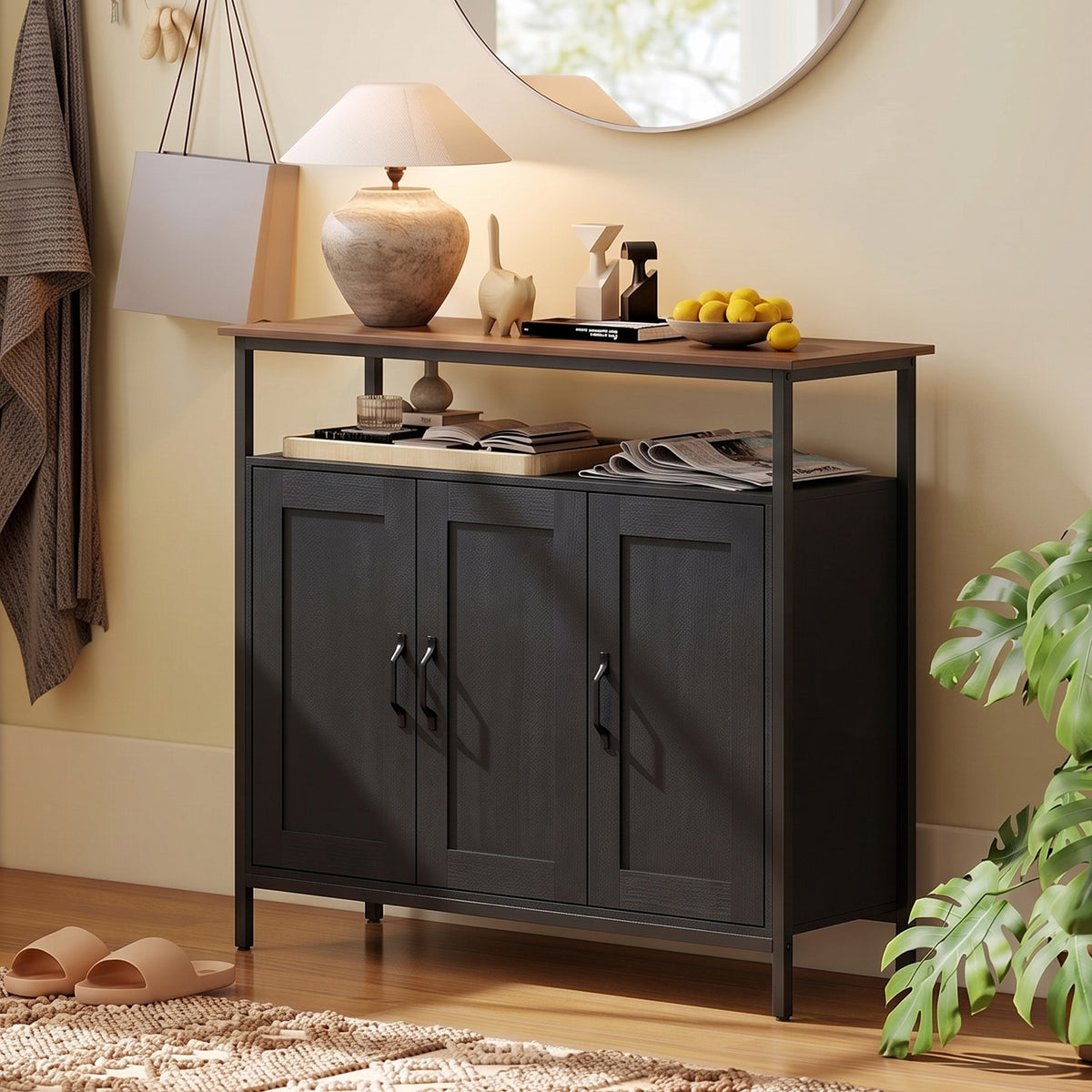Industrial Sideboard with 2 Cupboards and Open Shelf - Black & Walnut Effect