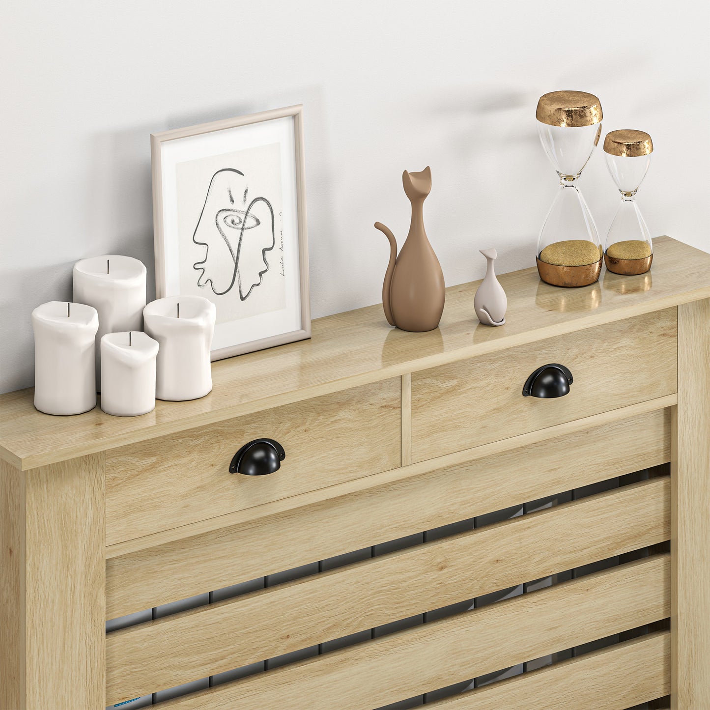 Radiator Cover with Drawer, Horizontal Slat, 111cm, Oak
