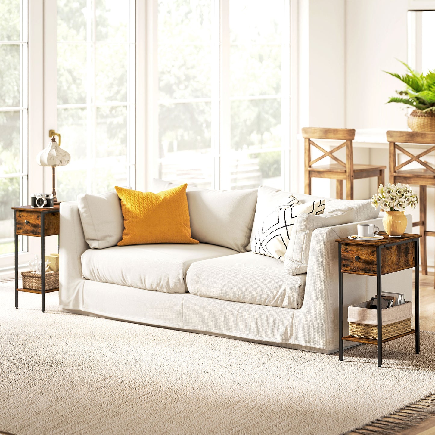 Industrial Slim End Table Nightstand for Small Spaces Rustic Brown