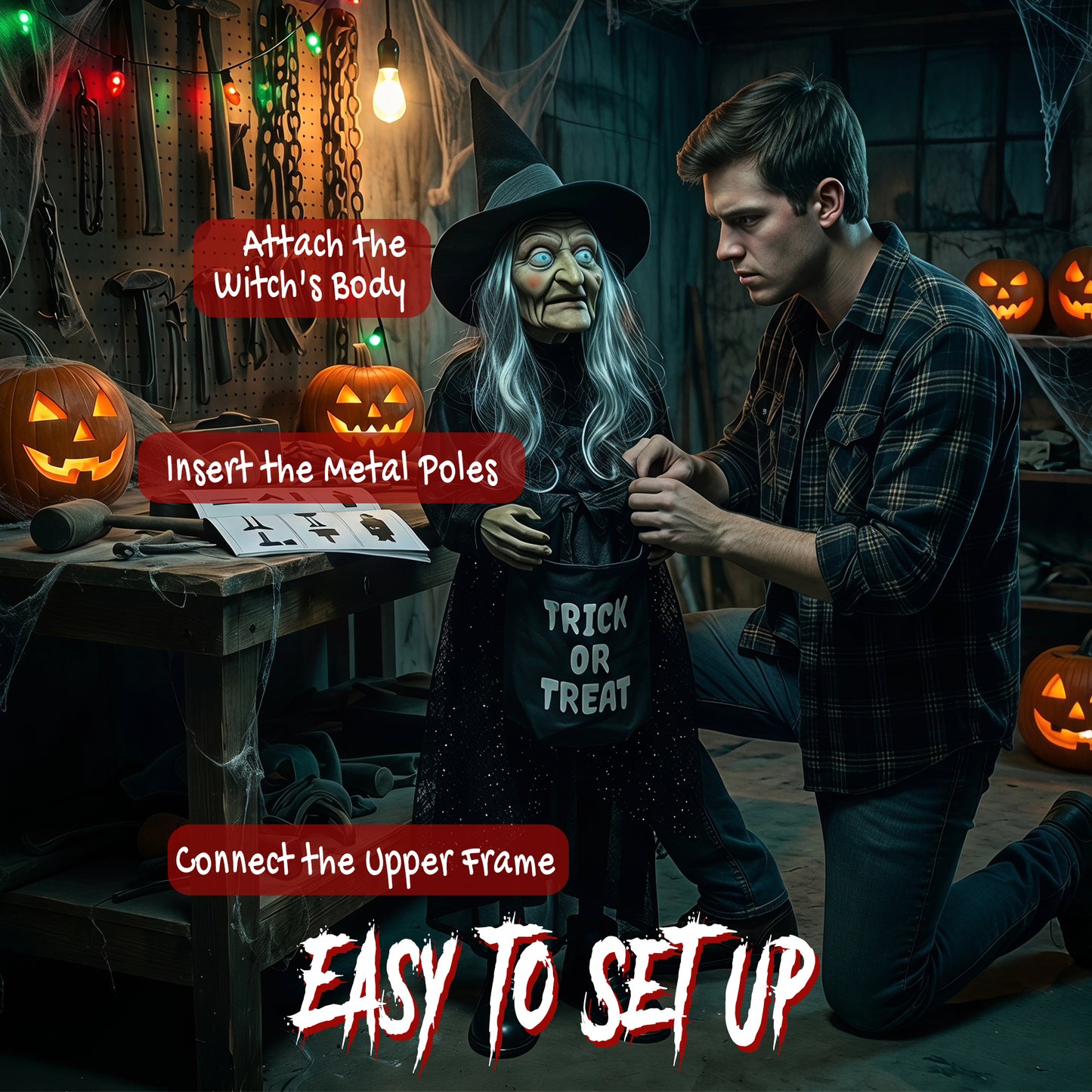 37" Animated Witch Halloween Decoration with Light Up Eyes for Party