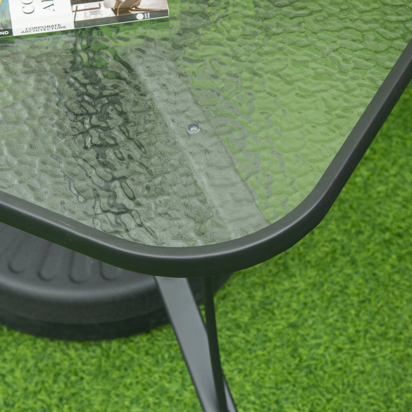 106.5cm Square Patio Dining Table with Parasol Hole, Glass Top