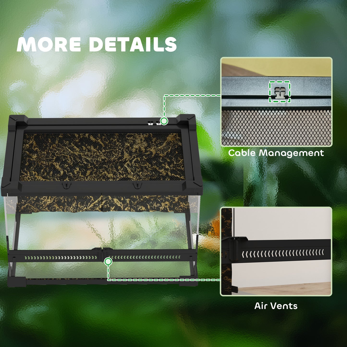 10L Glass Terrarium, Reptile Vivarium with Stone Background, Black