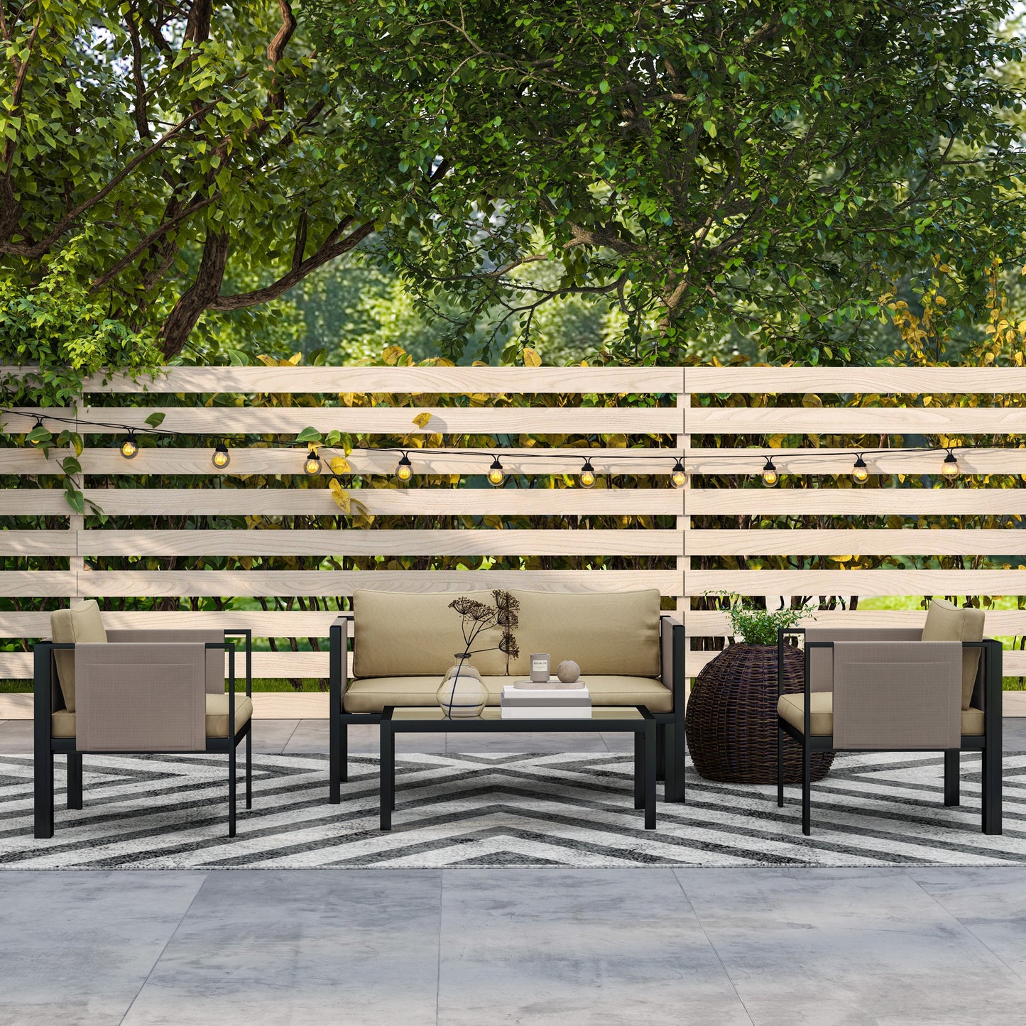 4 Piece Garden Sofa Set w/ Tempered Glass Coffee Table Khaki