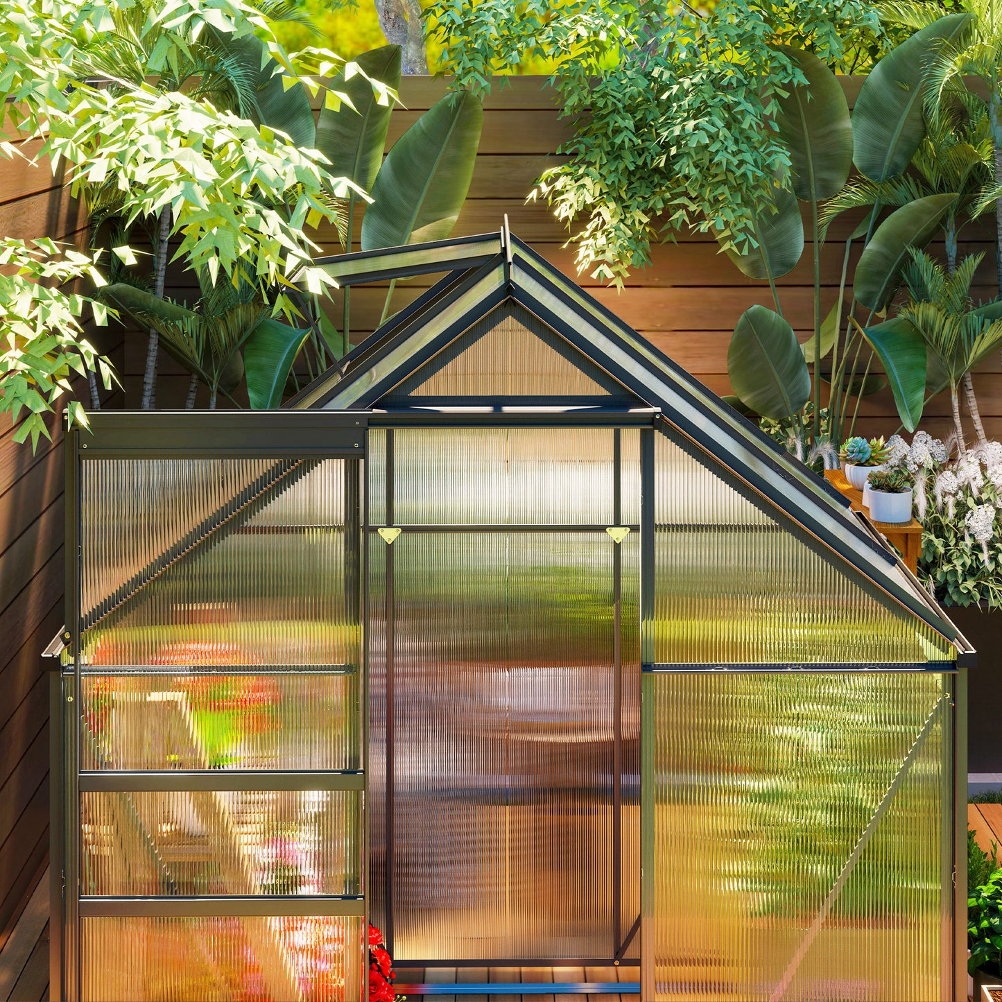 6 x 4ft Polycarbonate Greenhouse, Large Walk-In Greenhouse with Adjustable Roof Vent, Garden Green House with Galvanised Base, Sliding Door and Rain Gutter, Grey