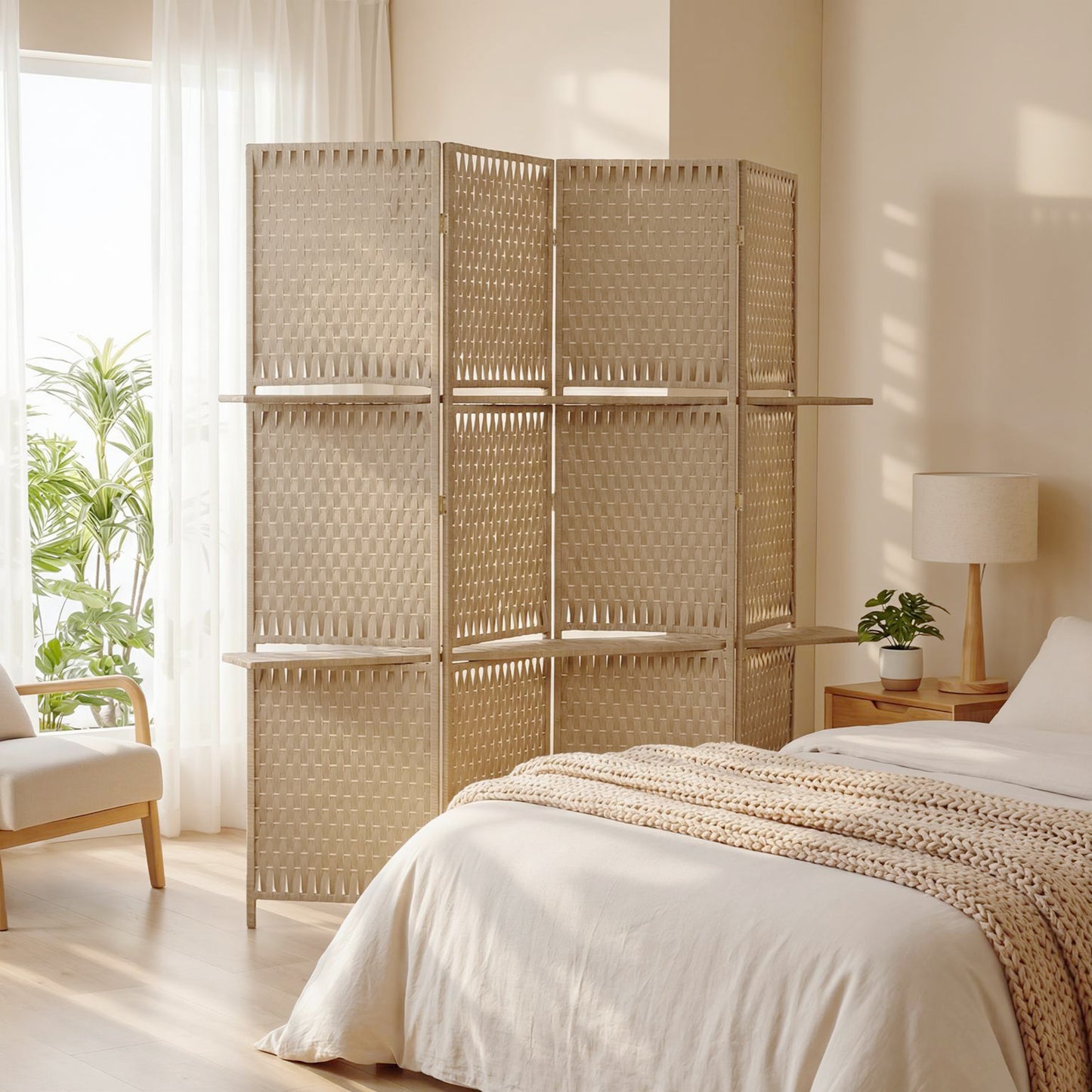 4-Panel Room Divider with Shelves, Wave Fibre Freestanding Folding Privacy Screen Panels, Partition Wall Divider for Indoor Bedroom Office, 180 cm, Natural Wood Finish