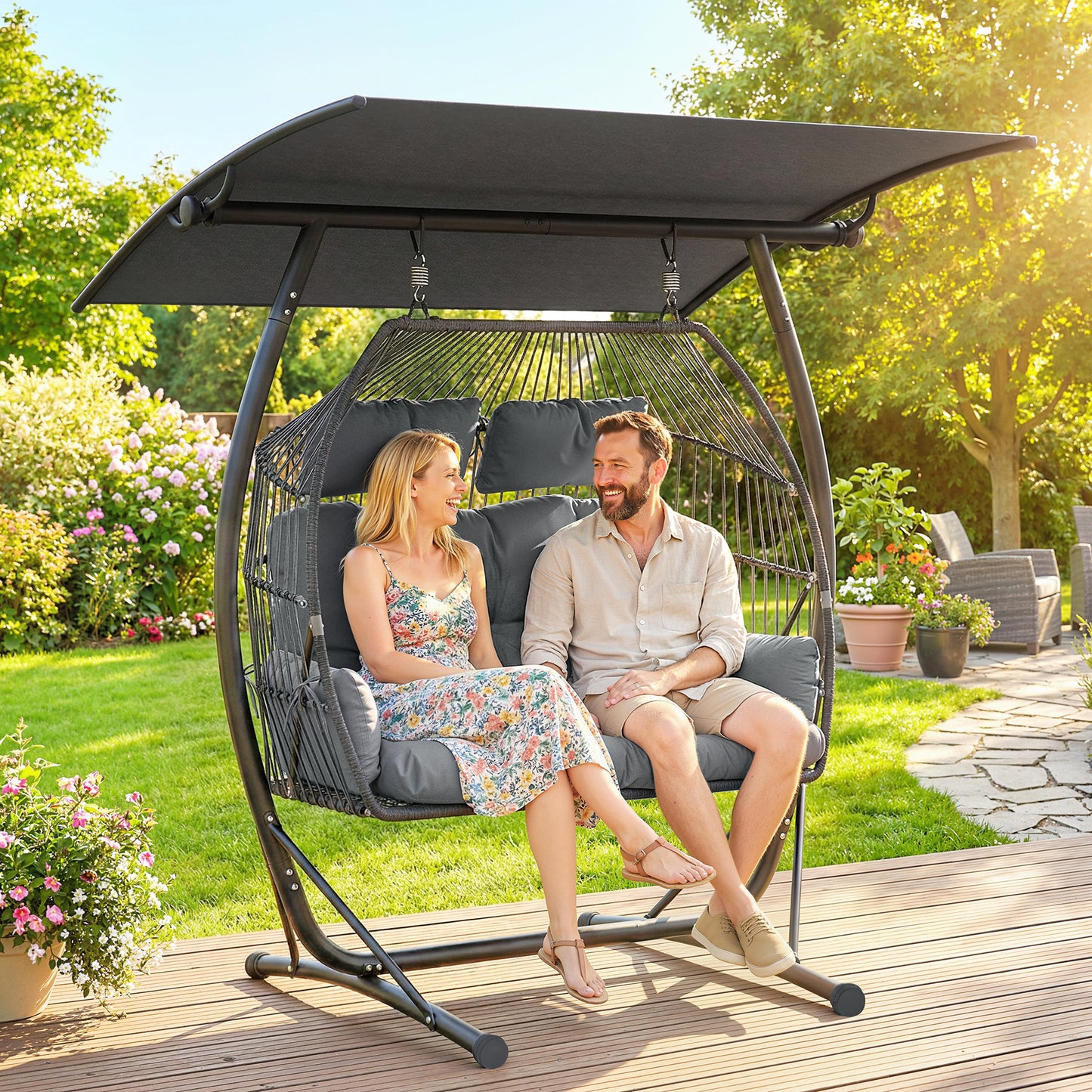 Double Hanging Egg Chair with Canopy, Egg Swing Chair, Dark Grey