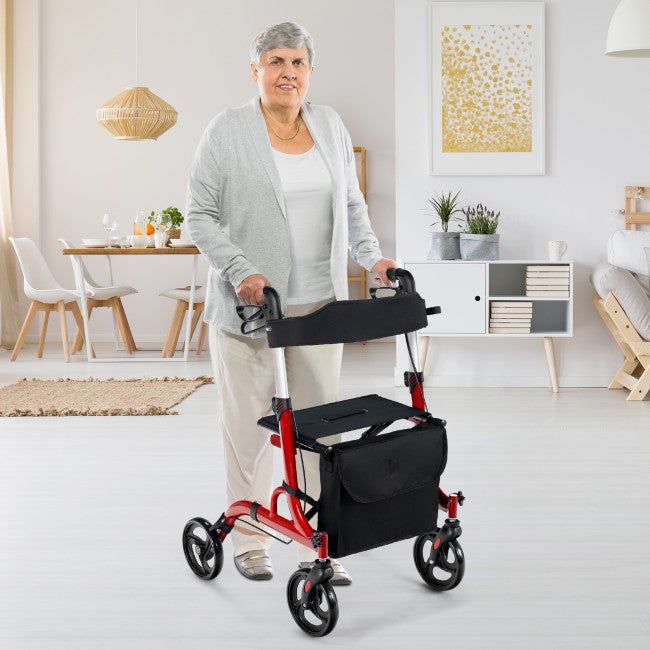 Folding Rollator Walker Frame with Seat and Backrest, Lightweight Frame with Storage bag & dual brakes - Red