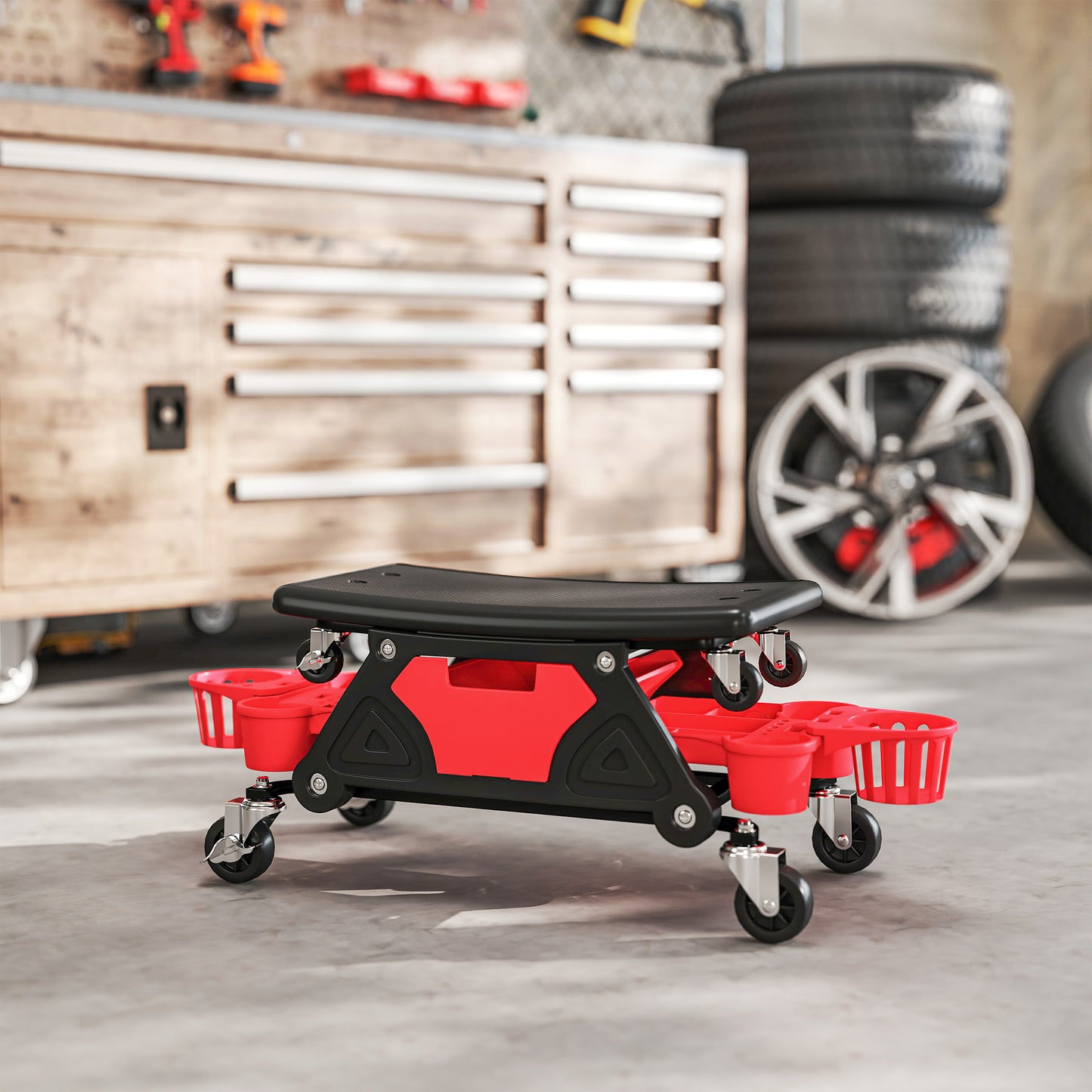 Rolling Mechanic Stool, 135kg Capacity Workshop Stool, Red