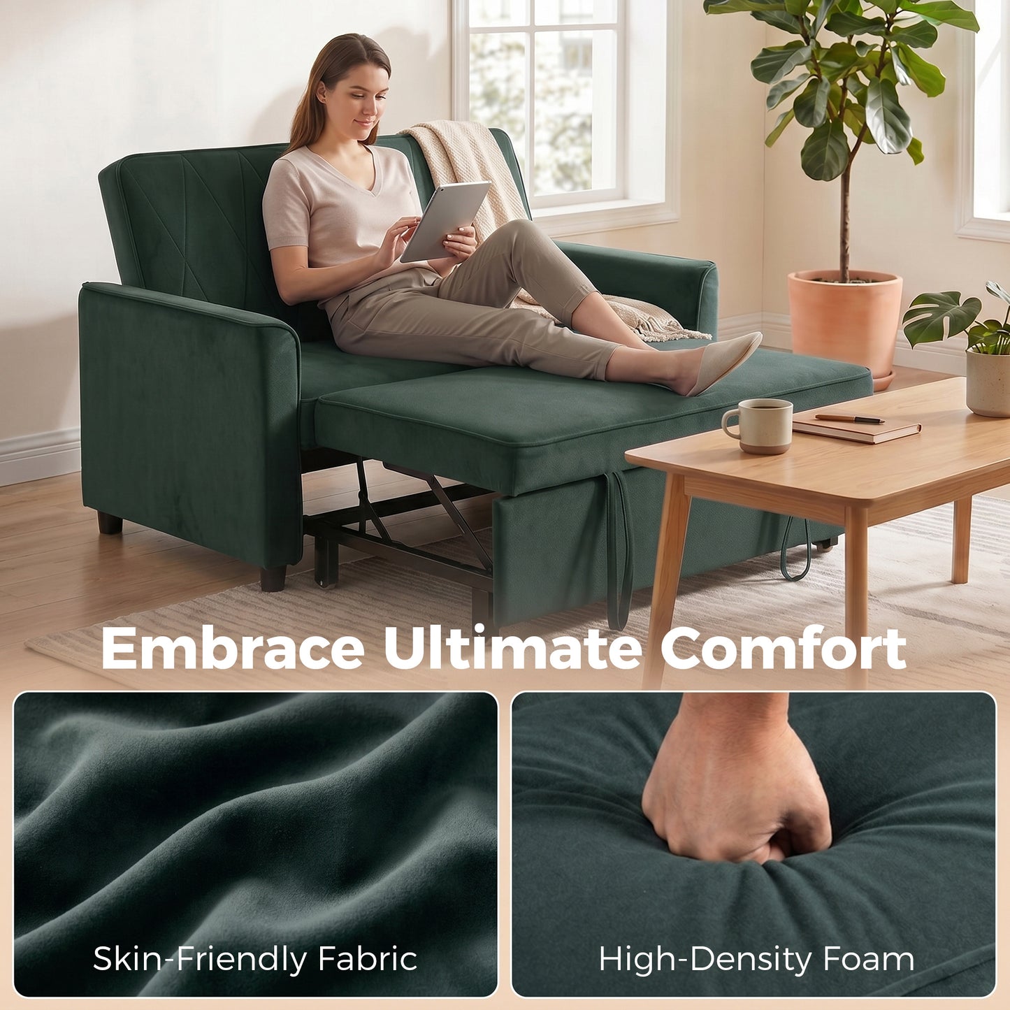 2 Seater Sofa Bed, 3-in-1 Convertible Pull Out Sleeper Sofa, Velvet Loveseat Bed Settee with Clik-Clack Adjustable Backrest, High-Density Foam for Living Room, Bedroom, Guest Room, Dark Green