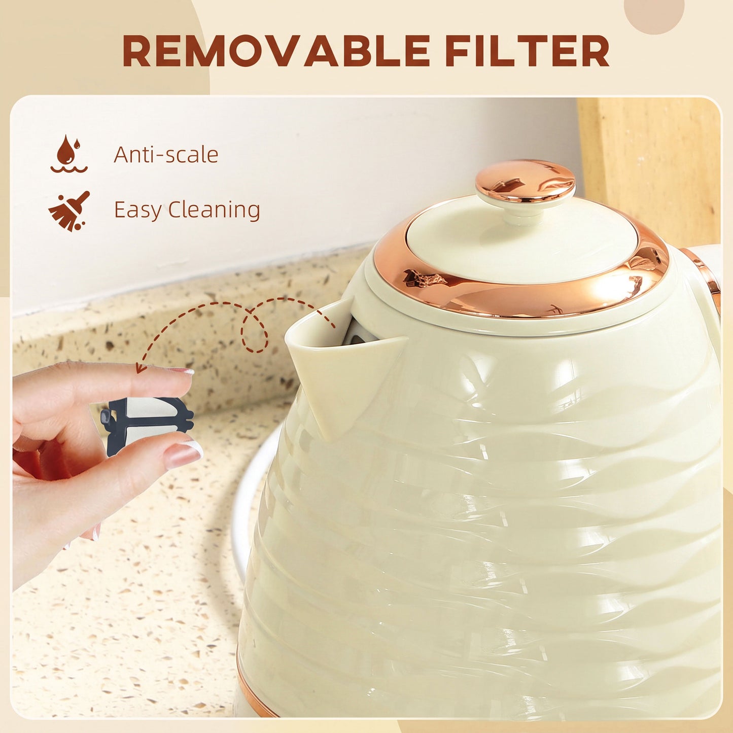 Electric Kettle, Fast Boil, 1.7L, 3kW, Swivel, Cream White Ripple