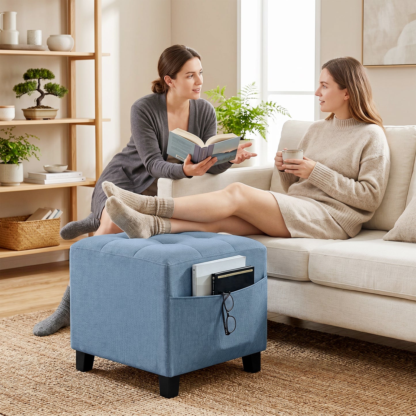 Square Footstool, Small Ottoman with Side Pocket, Linen-look Fabric Footrest Foot Stool with Rubber Wood Legs and Padded Seat for Living Room, Bedroom, Entryway, 35 x 35 x 35cm, Dark Blue