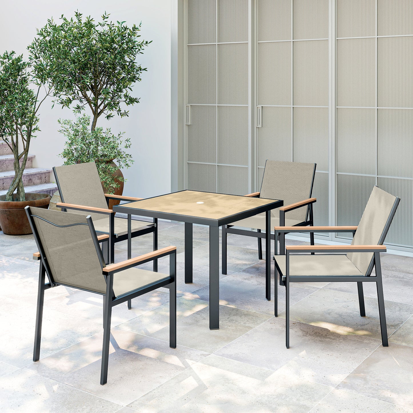 5 Piece Garden Dining Set, Outdoor Table and 4 Chairs, Khaki