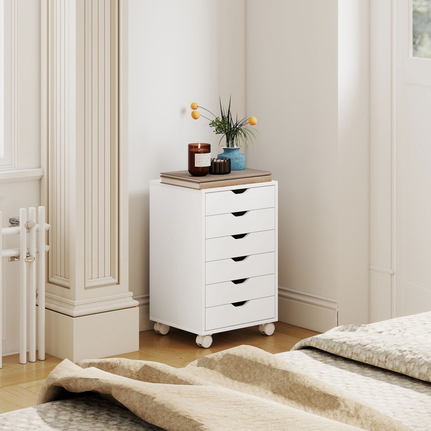 6 Drawer Vertical File Cabinet with Quiet Drawers and Wheels, White