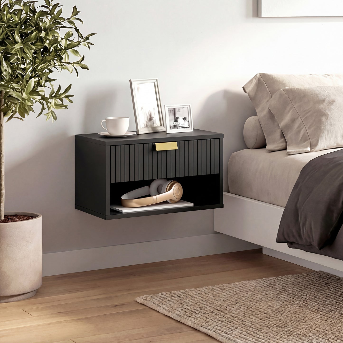 Floating Bedside Tables Set of 2 with Fluted Drawer Open Shelf Black