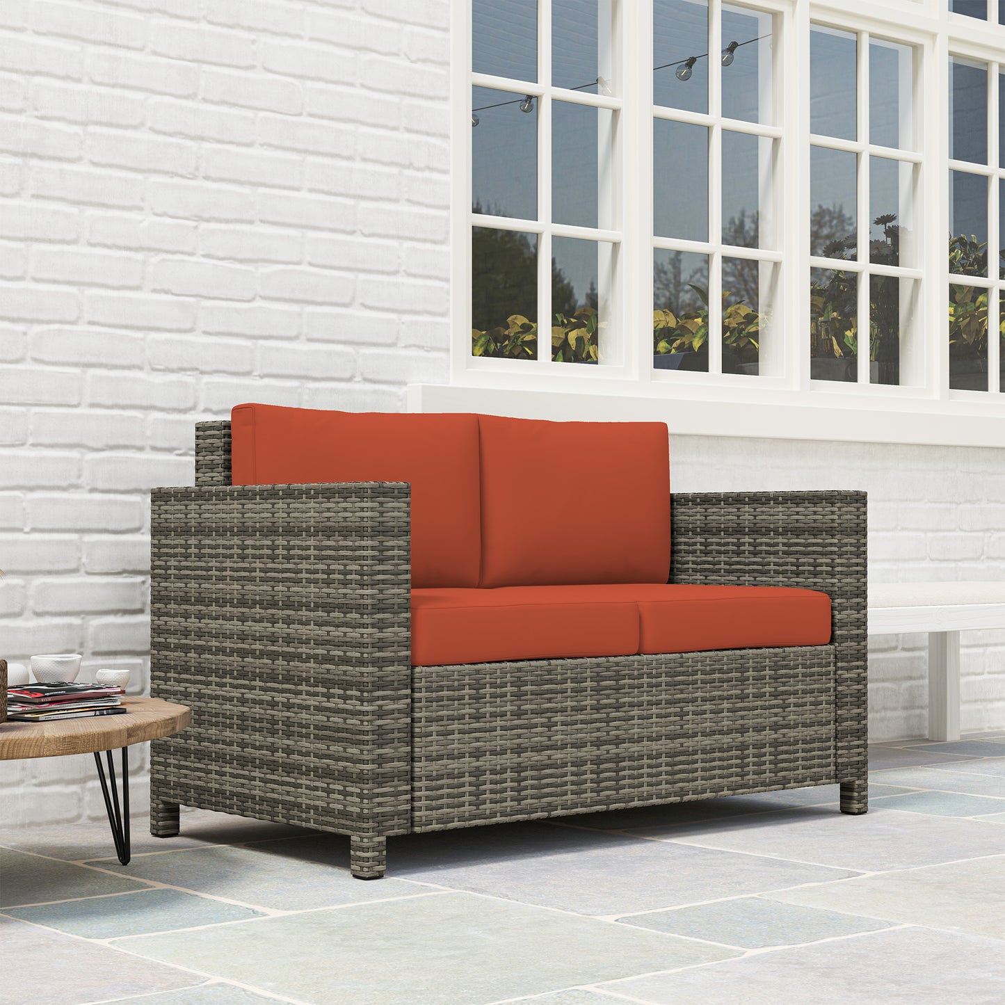Rattan Wicker 2-seat Sofa Loveseat Padded Garden Furniture Grey