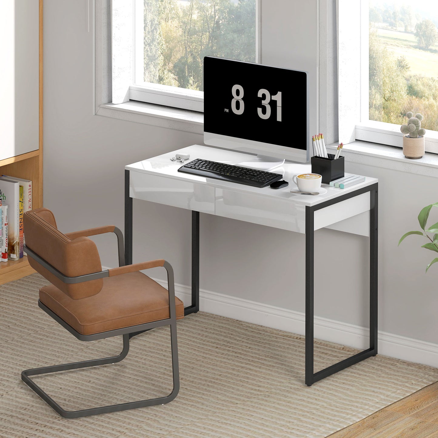 Modern Home Office Desk with High Gloss 2 Drawers Finish White Black