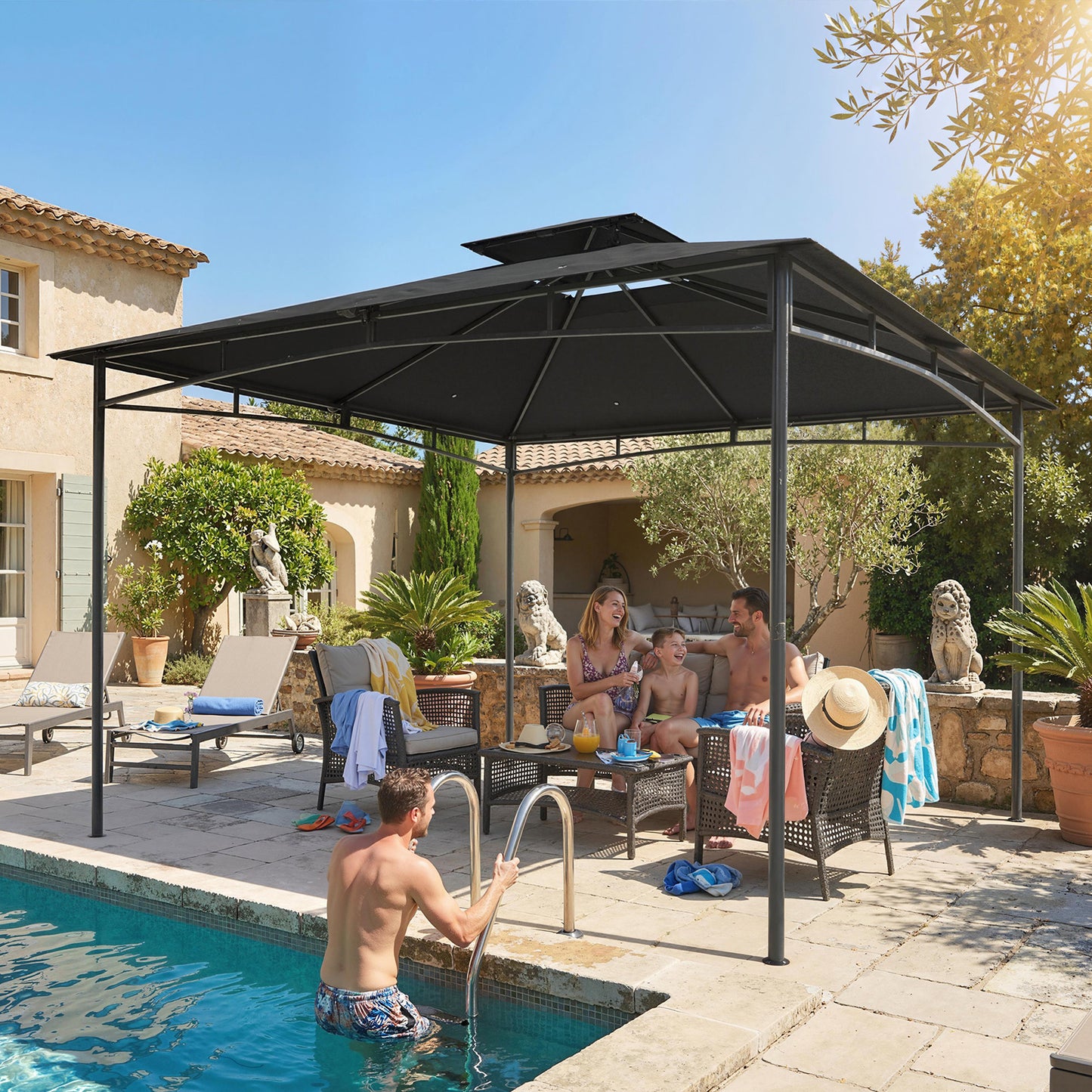 Outsunny 3 x 3 m Gazebo, Outdoor Gazebo Canopy with 2-Tier Roof, Dark Grey