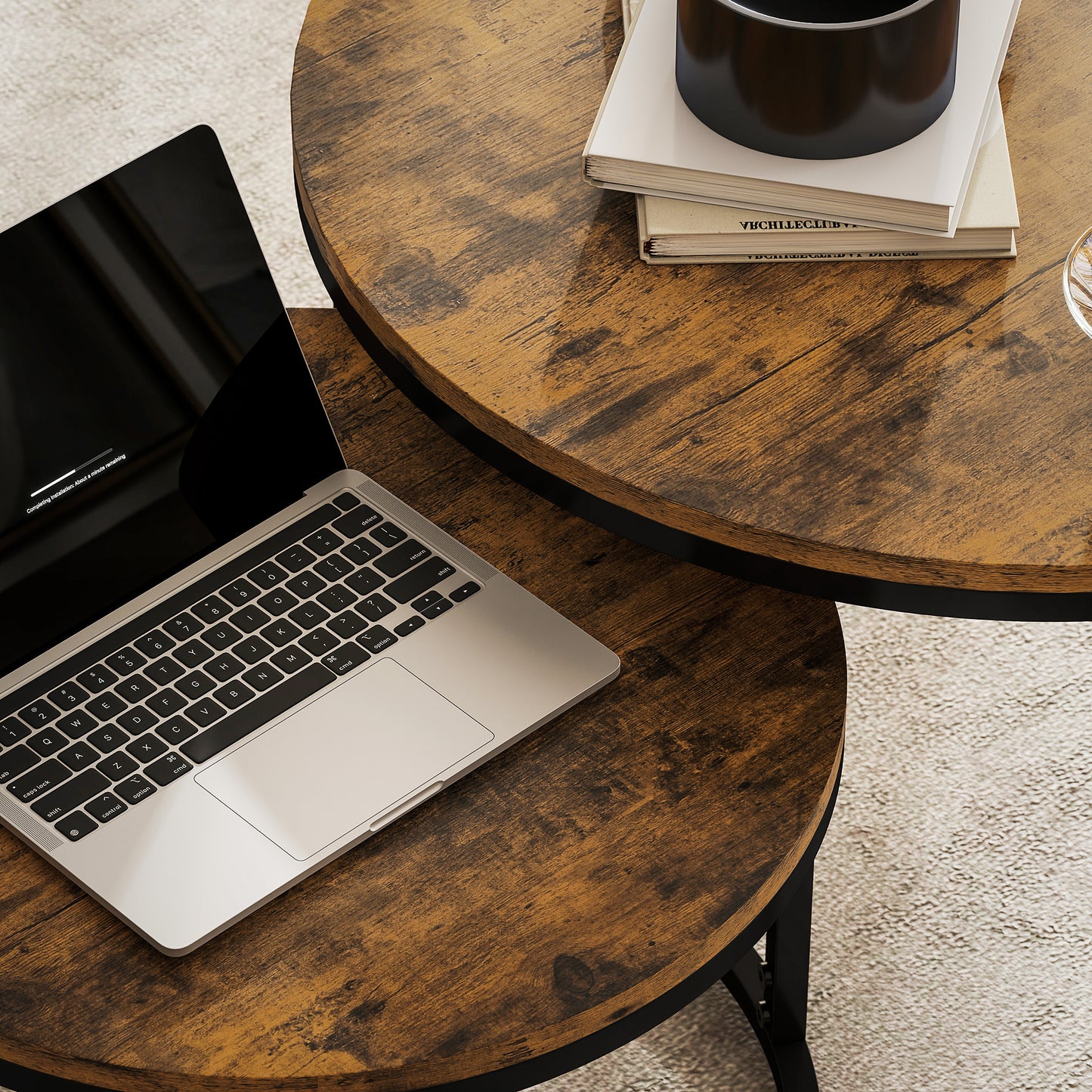 2 Pcs Stacking Coffee Table Set with Steel Frame, Rustic Brown