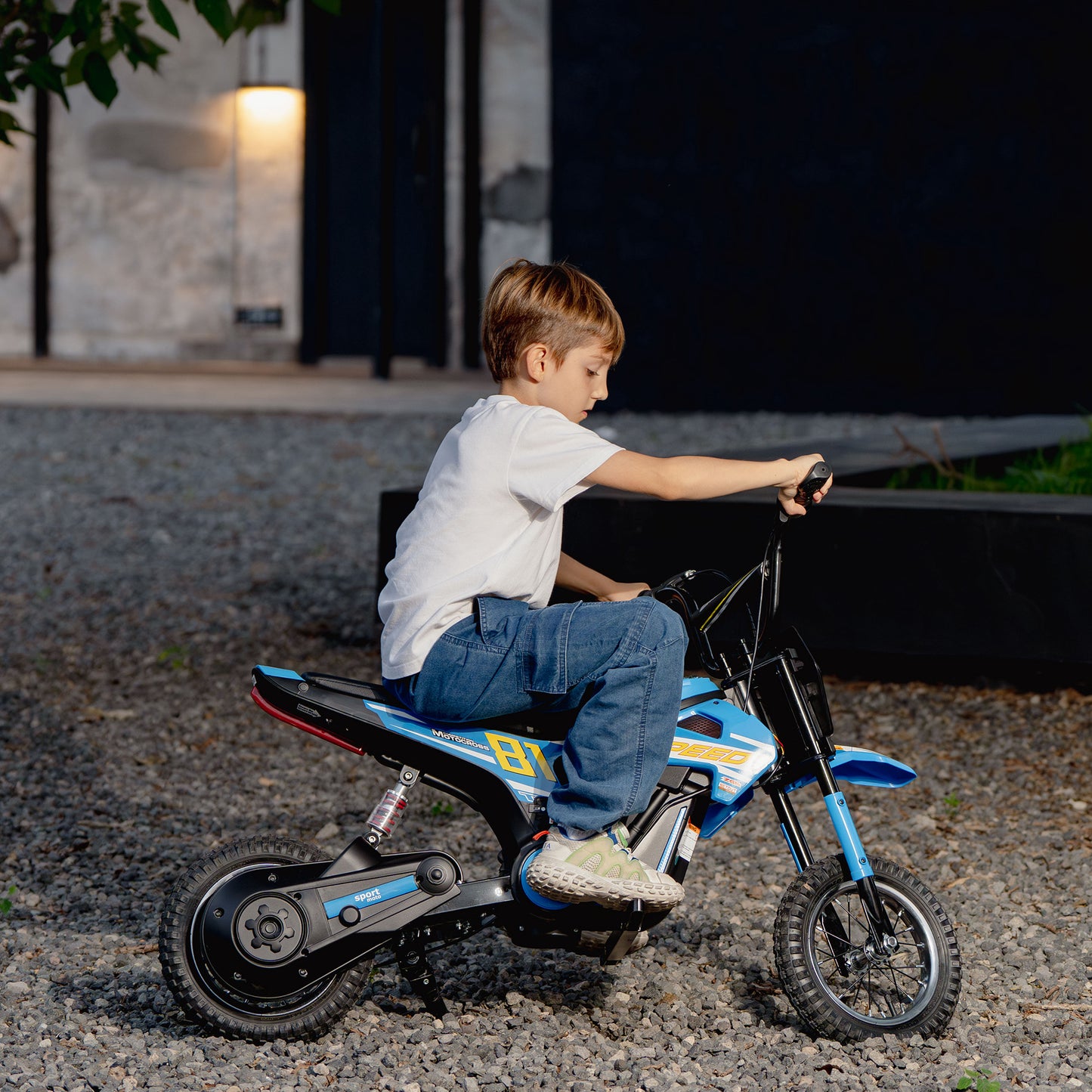 Kids Electric Motorbike, 24V Battery Powered Dirt Bike with 250W Motor, 6-16km/h, 7AH Batteries, 12" Inflatable Tires and Rear Suspension, Ride On Motorcycle for 8-12 Years Old, Blue