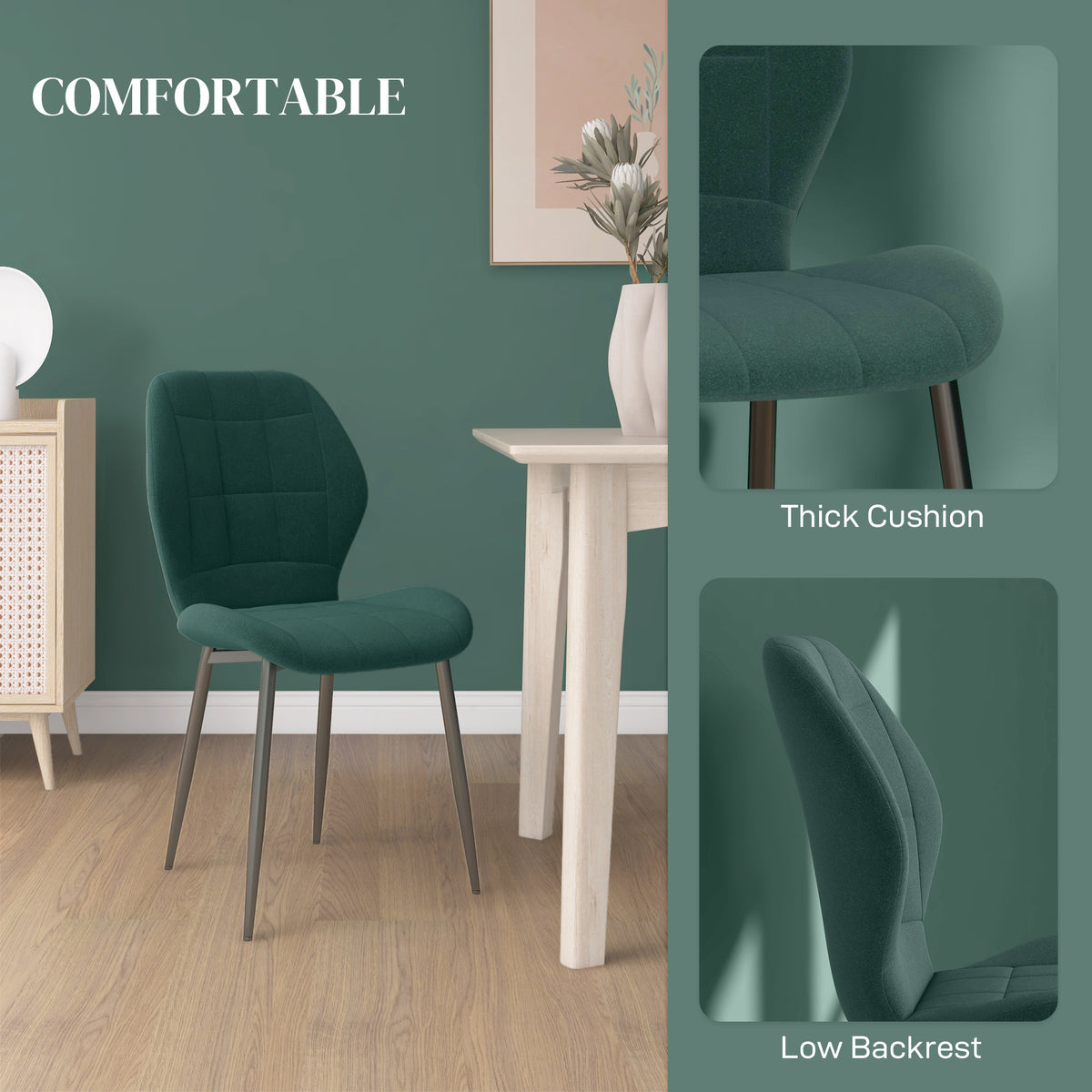 Set of 4 Flannel Dining Chairs with Padded Seats - Dark Green & Black