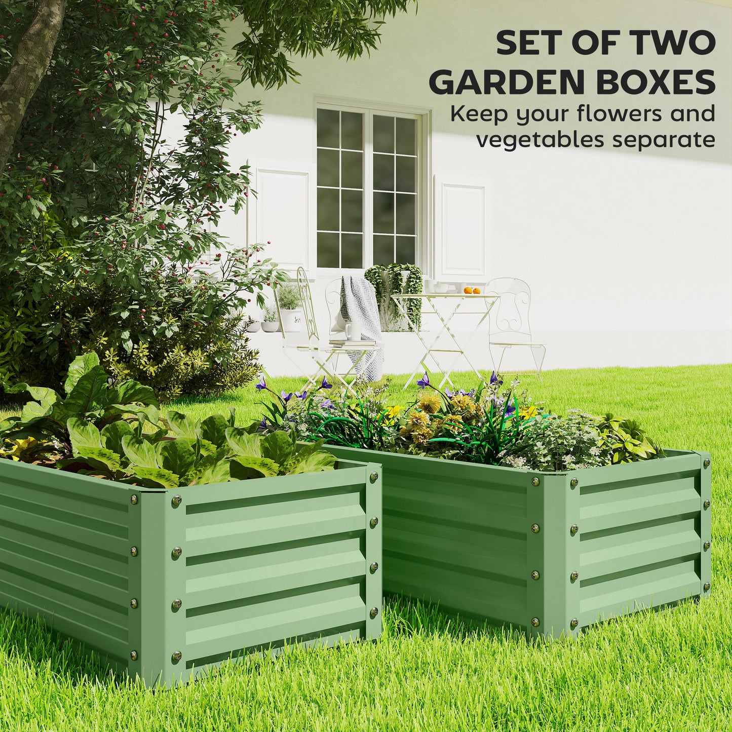 Set of 2 Raised Garden Bed, Outdoor Planter Box with Galvanised Steel Frame for Growing Vegetables, Flowers and Herbs, 110 x 50 x 30 cm, Light Green