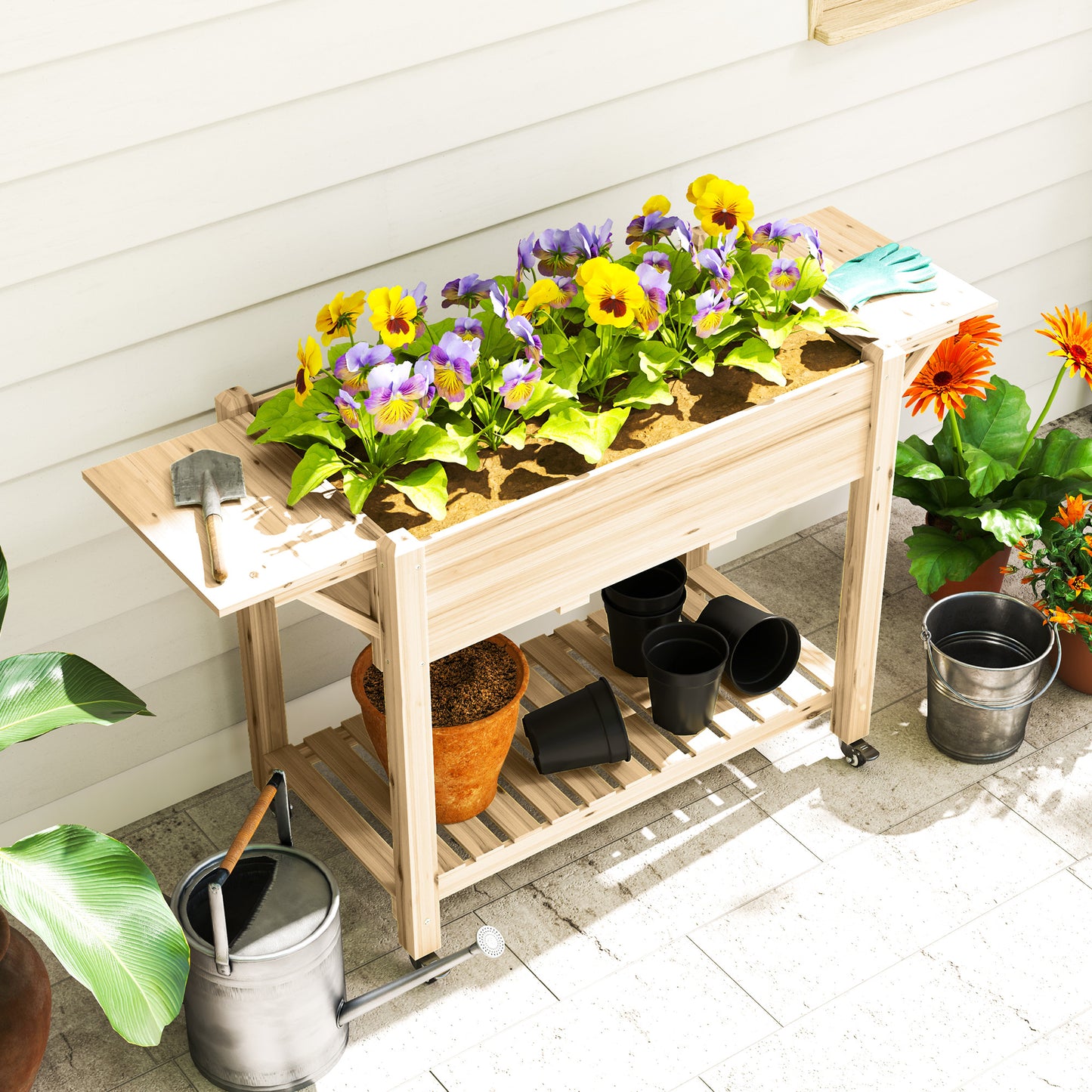 Wooden Raised Planter with Lockable Wheels, Liner, Natural